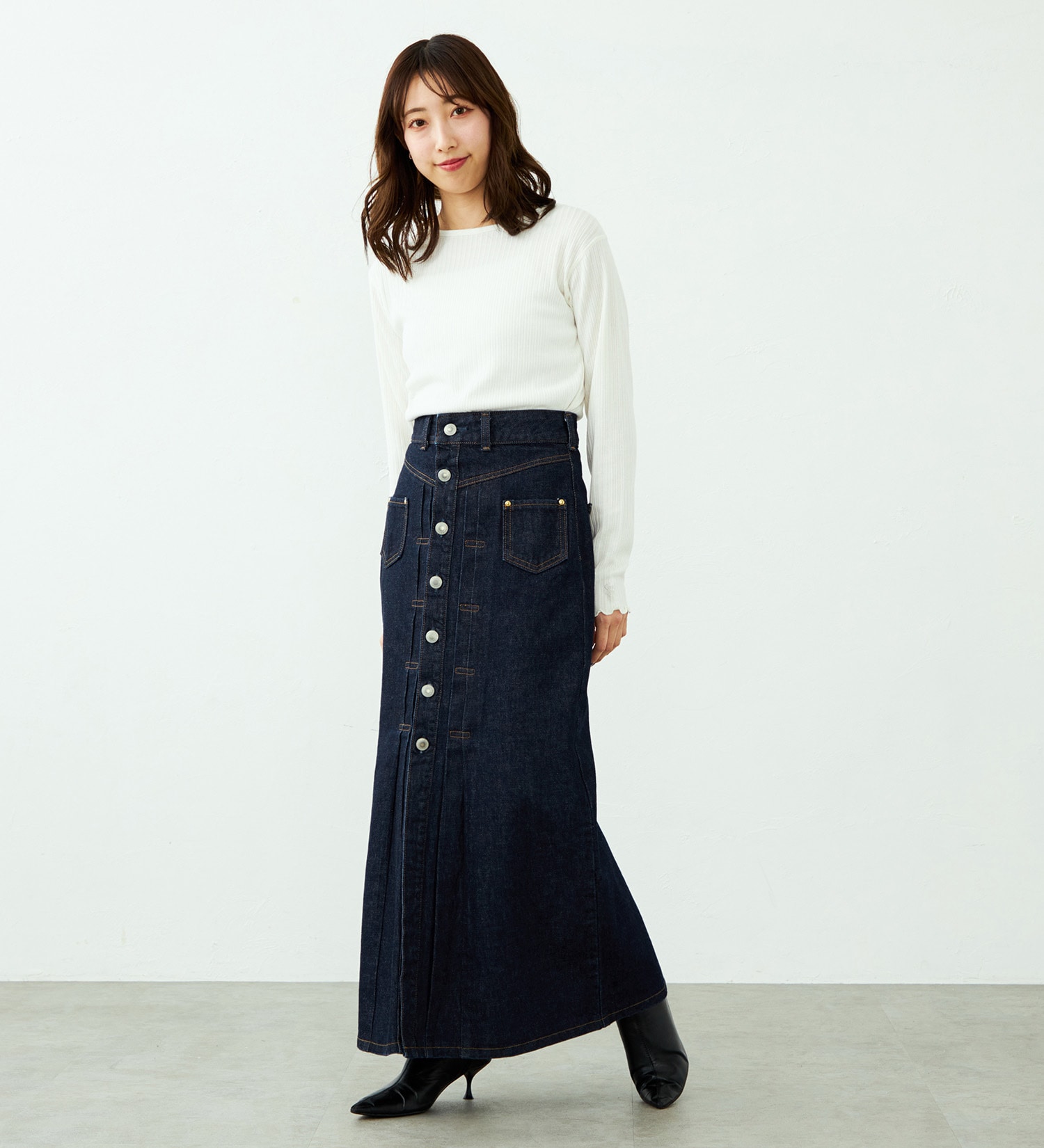 SOMETHING(サムシング)の【予約】atelier SOMETHING JACKET DETAIL SKIRT/アトリエサムシングロングデニムスカート|スカート/デニムスカート/レディース|インディゴブルー