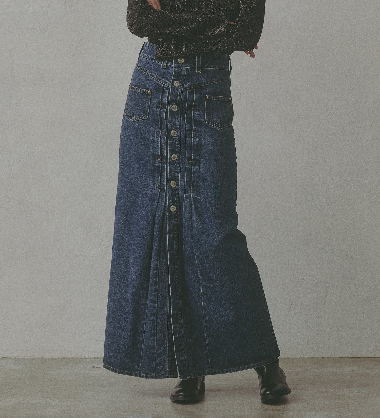 SOMETHING(サムシング)の【予約】atelier SOMETHING JACKET DETAIL SKIRT/アトリエサムシングロングデニムスカート|スカート/デニムスカート/レディース|中色ブルー