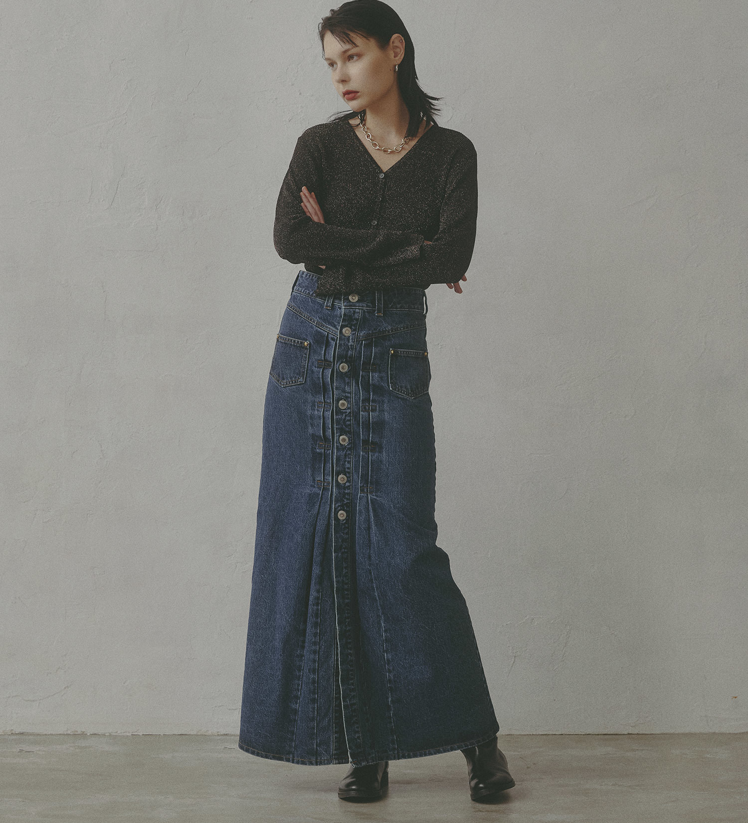 SOMETHING(サムシング)の【予約】atelier SOMETHING JACKET DETAIL SKIRT/アトリエサムシングロングデニムスカート|スカート/デニムスカート/レディース|中色ブルー