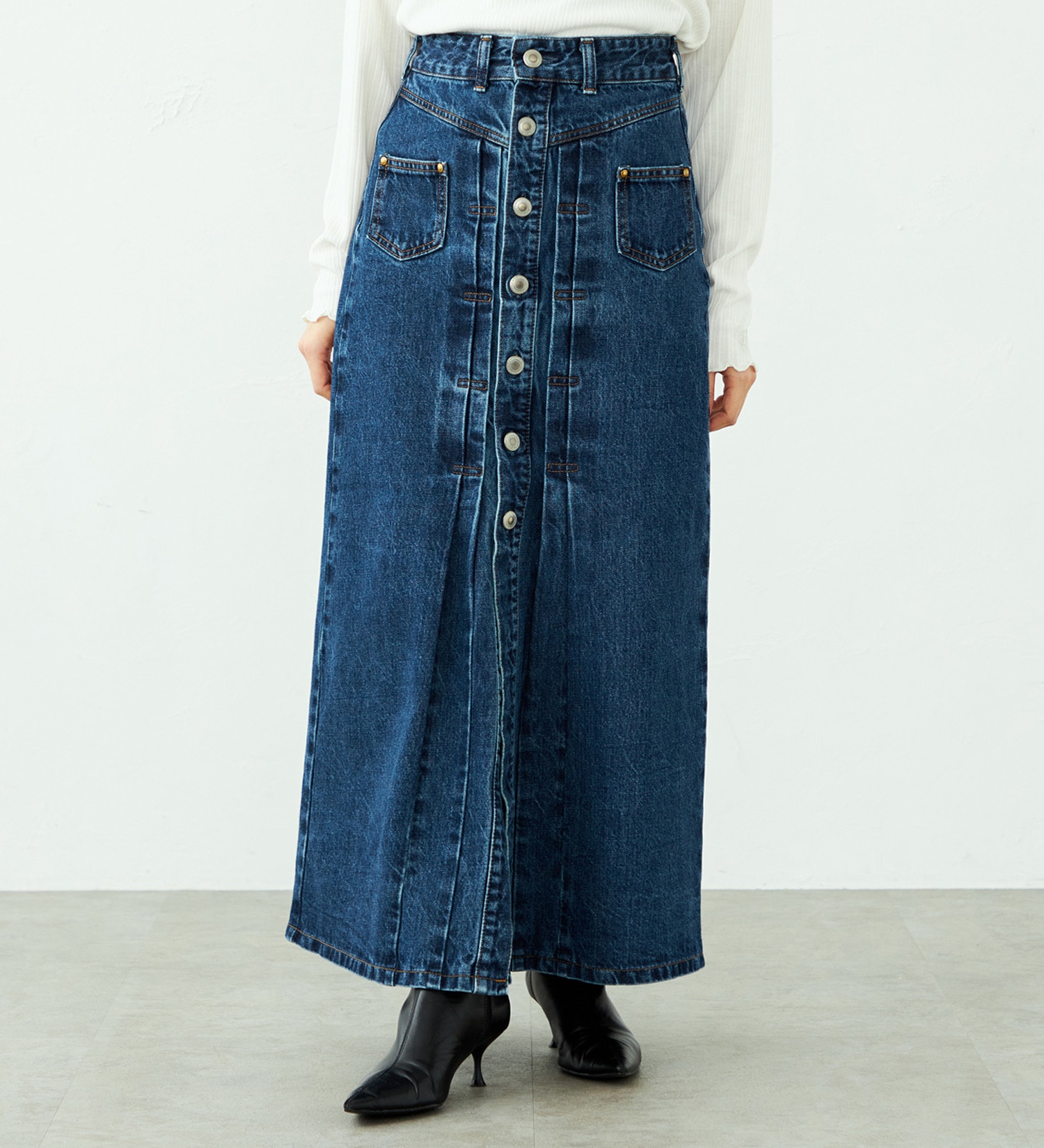 SOMETHING(サムシング)の【予約】atelier SOMETHING JACKET DETAIL SKIRT/アトリエサムシングロングデニムスカート|スカート/デニムスカート/レディース|中色ブルー