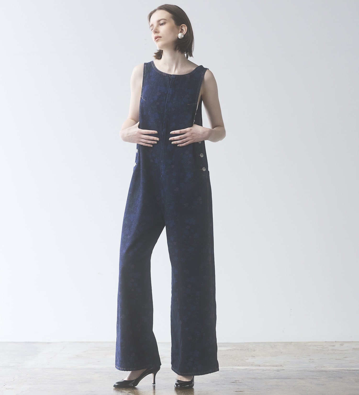 SOMETHING(サムシング)の【予約】atelier SOMETHING AMERICAN SLEEVE ALL IN ONE/アメリカンスリーブオールインワン【FLOWER】|オールインワン/サロペット/オーバーオール/レディース|ブルー