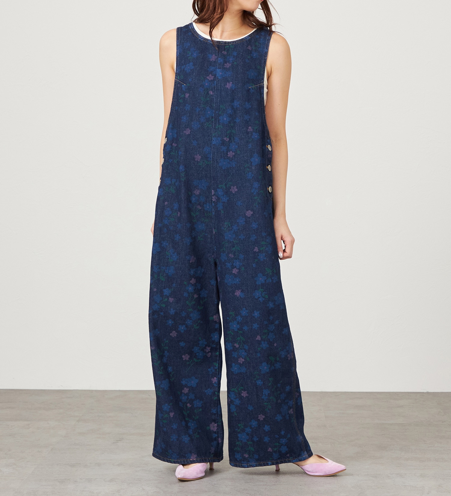 SOMETHING(サムシング)の【予約】atelier SOMETHING AMERICAN SLEEVE ALL IN ONE/アメリカンスリーブオールインワン【FLOWER】|オールインワン/サロペット/オーバーオール/レディース|ブルー