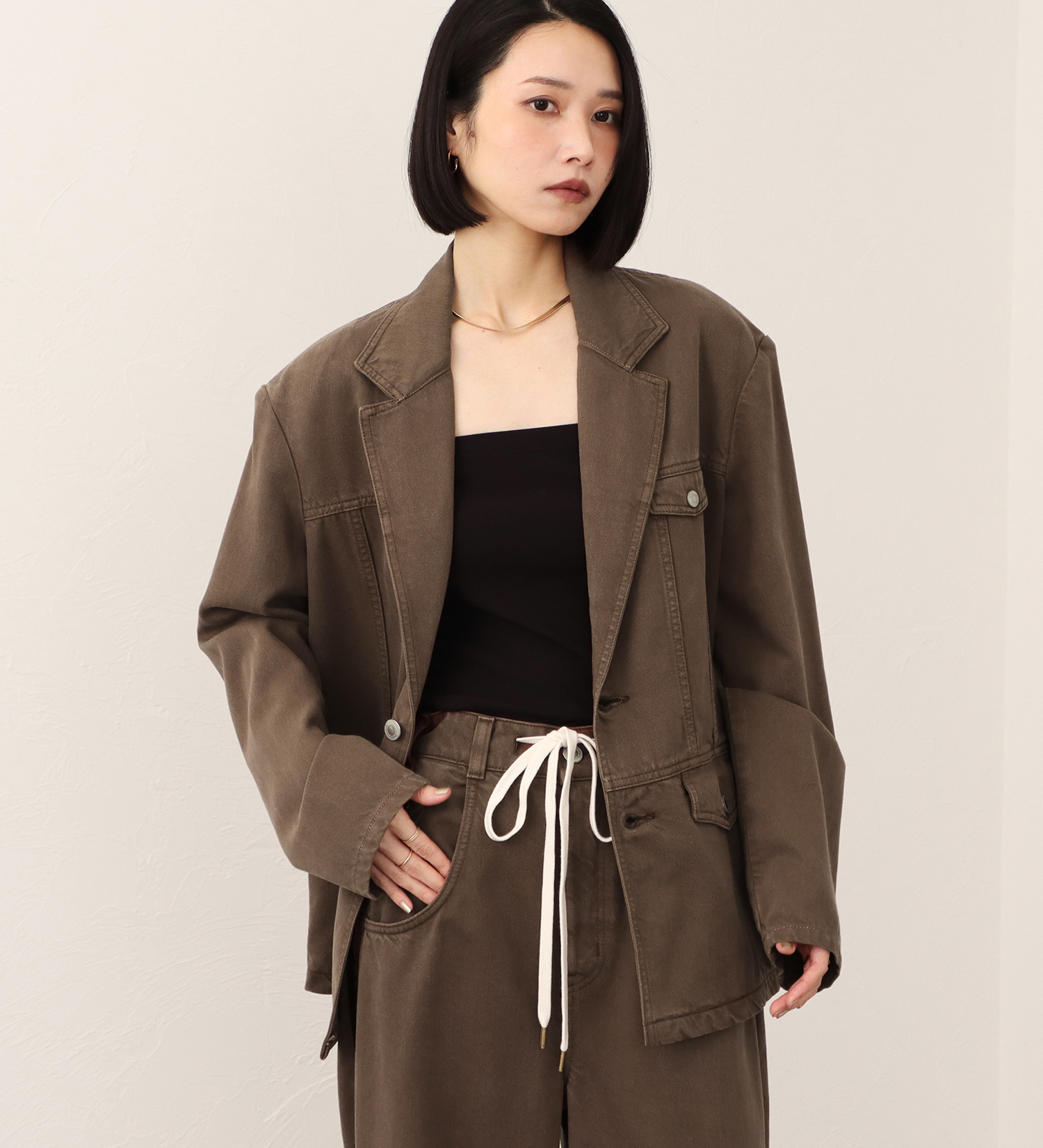 SOMETHING(サムシング)の【予約】atelier SOMETHING drape TAYLORED JACKET/ドレープテーラードデニムジャケット|ジャケット/アウター/テーラードジャケット/レディース|ブラウン