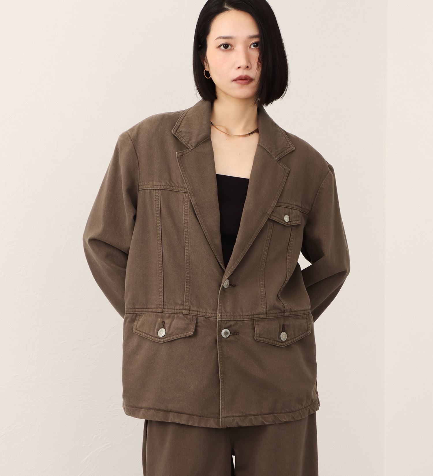 SOMETHING(サムシング)の【予約】atelier SOMETHING drape TAYLORED JACKET/ドレープテーラードデニムジャケット|ジャケット/アウター/テーラードジャケット/レディース|ブラウン