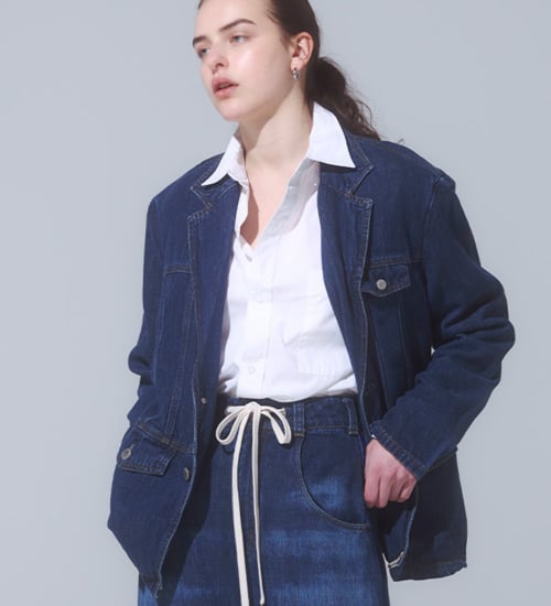 SOMETHING(サムシング)の【予約】atelier SOMETHING drape TAYLORED JACKET/ドレープテーラードデニムジャケット|ジャケット/アウター/テーラードジャケット/レディース|中色ブルー
