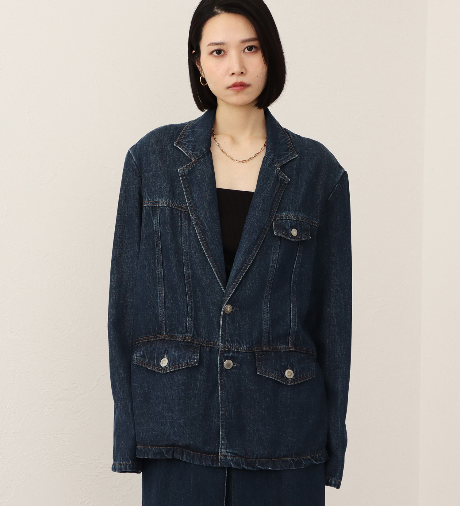 SOMETHING(サムシング)の【予約】atelier SOMETHING drape TAYLORED JACKET/ドレープテーラードデニムジャケット|ジャケット/アウター/テーラードジャケット/レディース|中色ブルー