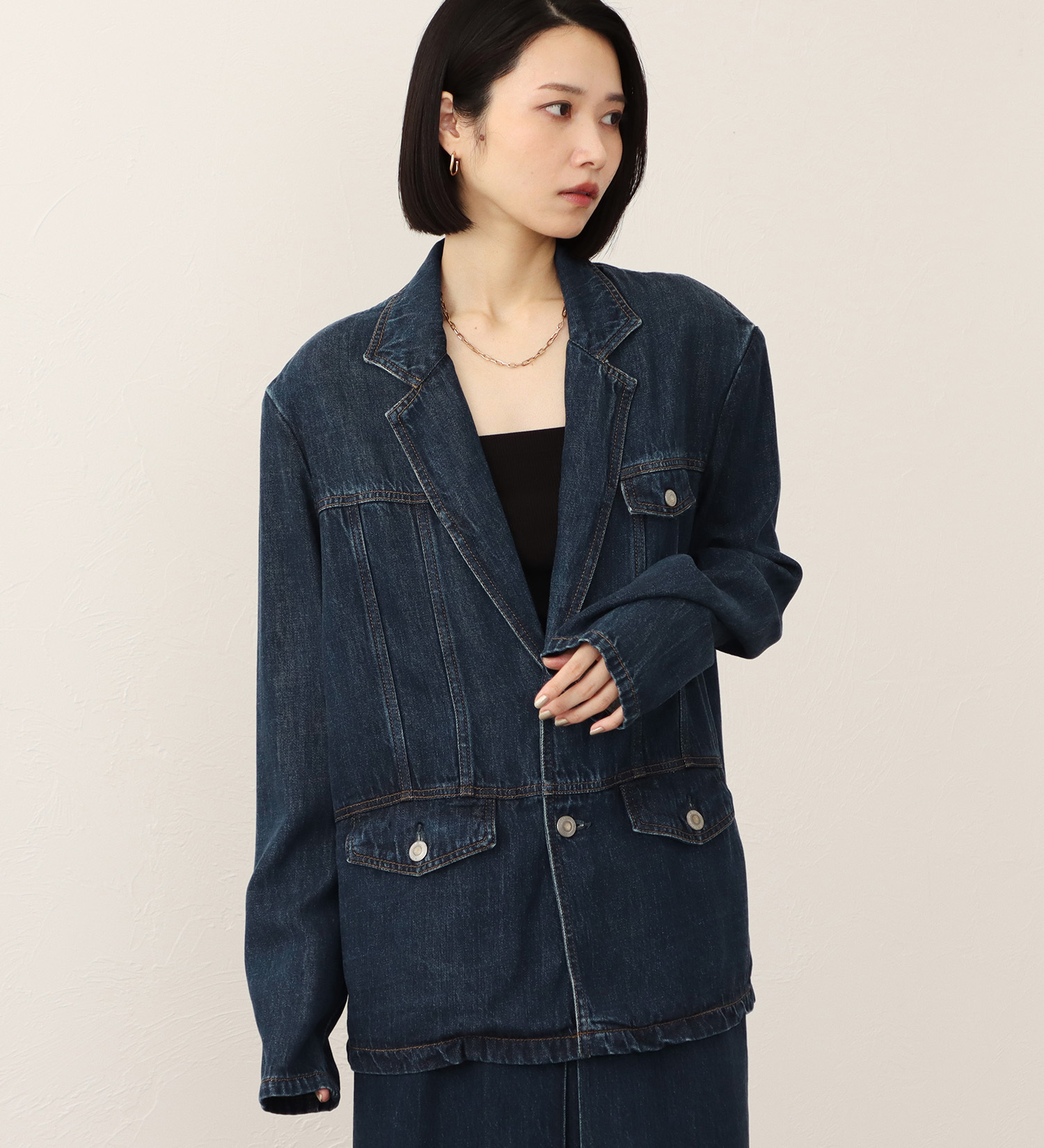 SOMETHING(サムシング)の【予約】atelier SOMETHING drape TAYLORED JACKET/ドレープテーラードデニムジャケット|ジャケット/アウター/テーラードジャケット/レディース|中色ブルー
