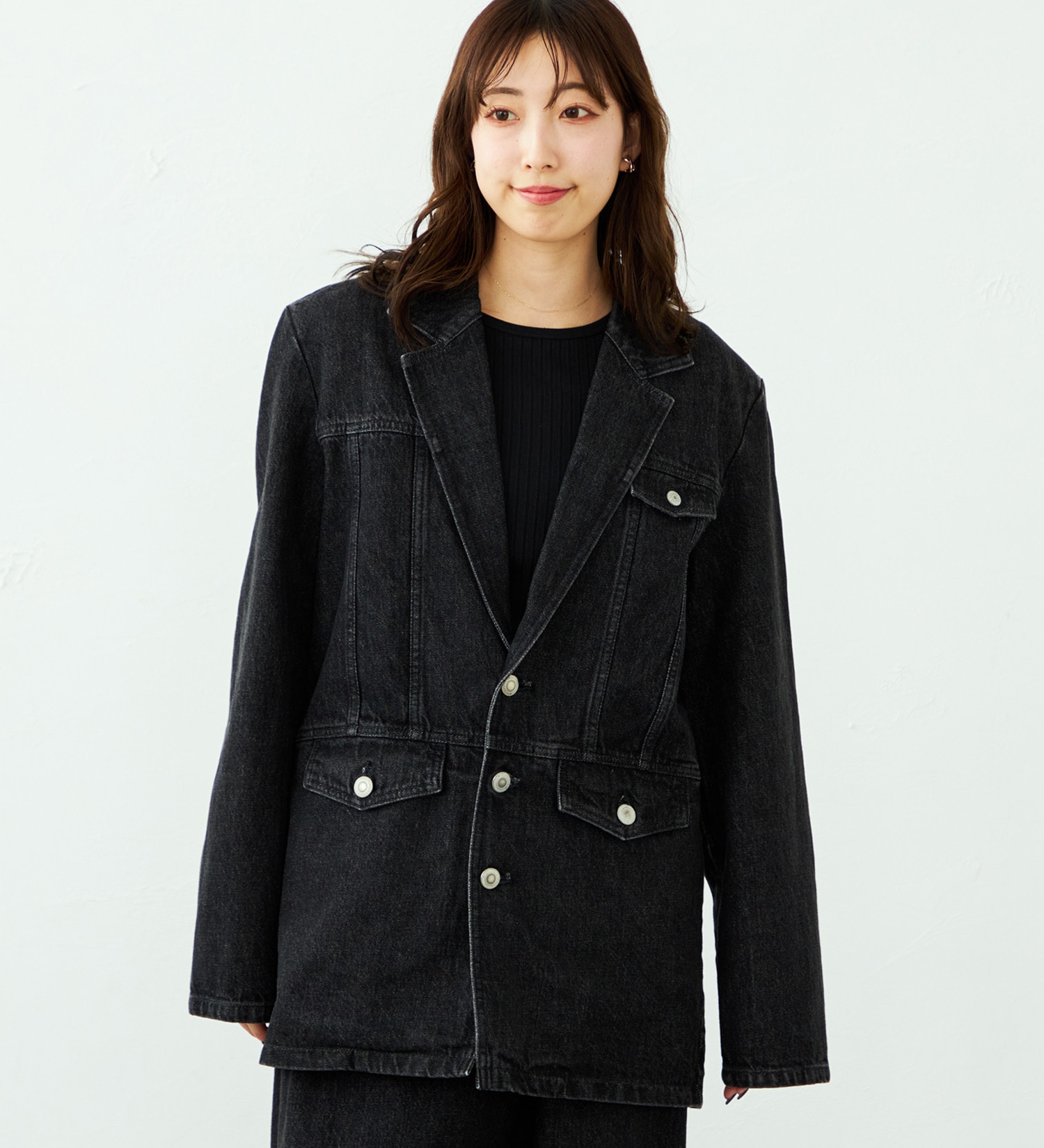 SOMETHING(サムシング)の【予約】atelier SOMETHING DENIM BLAZER/アトリエサムシングデニムブレザー|ジャケット/アウター/テーラードジャケット/レディース|ブラックデニム