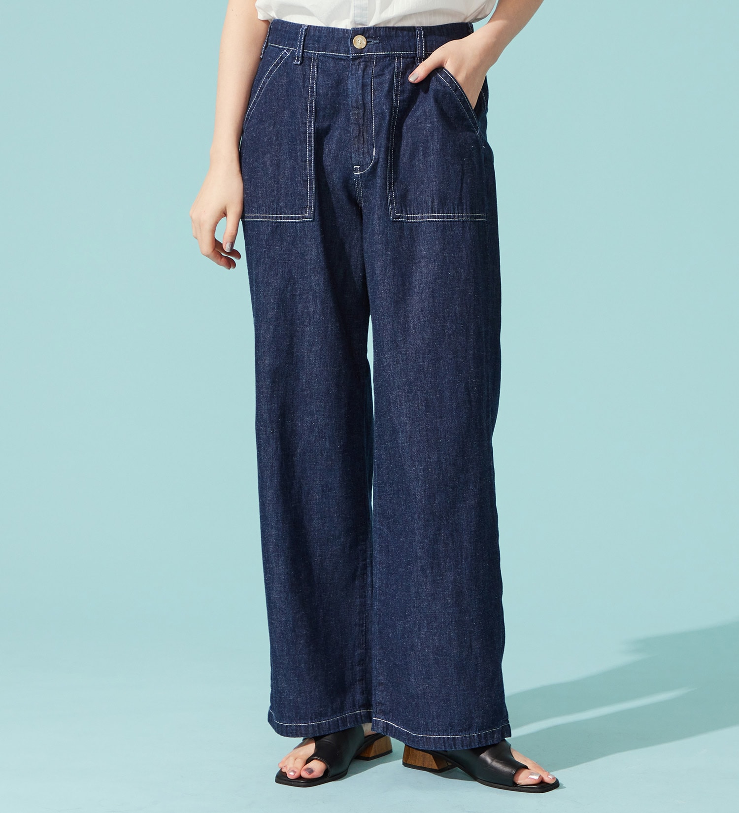 SOMETHING(サムシング)の【百貨店・直営店限定】SOMETHING ete ワイドベイカーデニムパンツ【夏用/COOL/涼/抗菌/防臭/制菌】|パンツ/デニム/ジーンズパンツ/レディース|中色ブルー