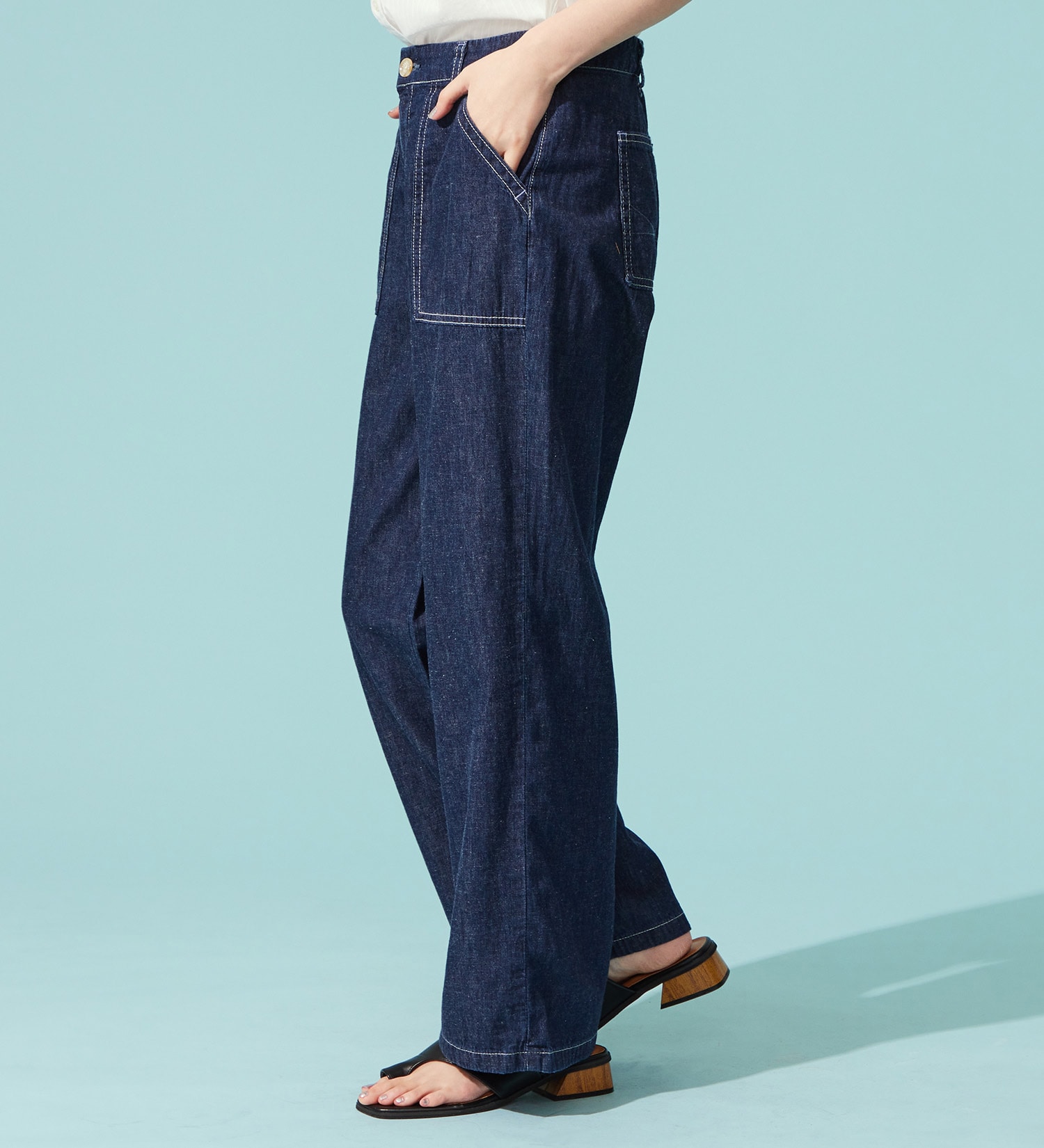 SOMETHING(サムシング)の【百貨店・直営店限定】SOMETHING ete ワイドベイカーデニムパンツ【夏用/COOL/涼/抗菌/防臭/制菌】|パンツ/デニム/ジーンズパンツ/レディース|中色ブルー