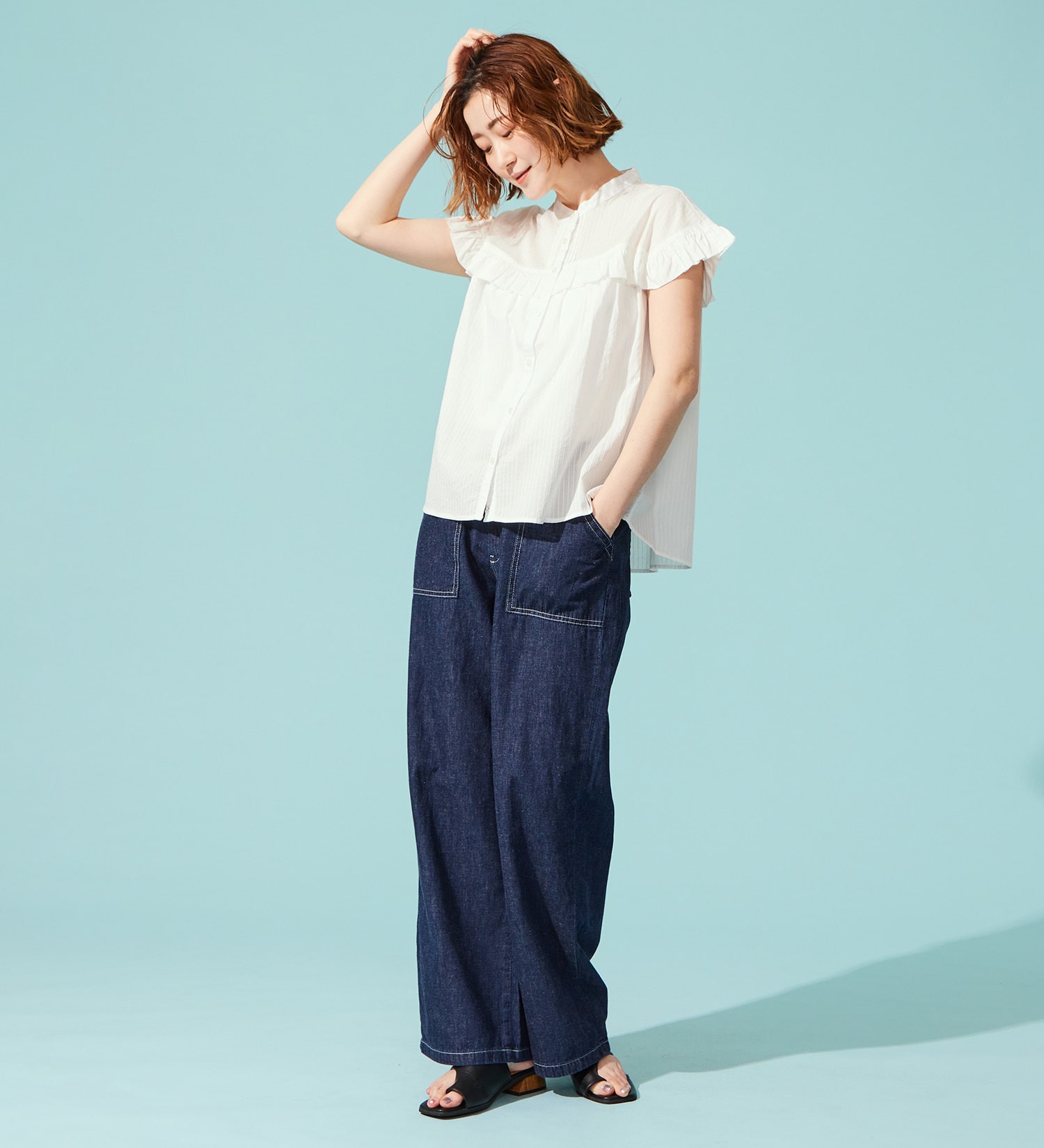 SOMETHING(サムシング)の【百貨店・直営店限定】SOMETHING ete ワイドベイカーデニムパンツ【夏用/COOL/涼/抗菌/防臭/制菌】|パンツ/デニム/ジーンズパンツ/レディース|中色ブルー