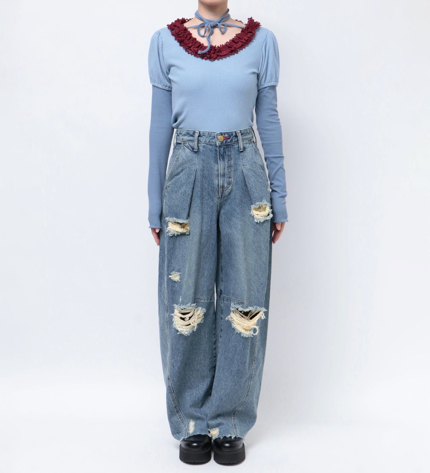 SOMETHING(サムシング)の【試着対象】【SOMETHING ×PosTokyo】PANEL BALLON WIDE DENIM|パンツ/デニム/ジーンズパンツ/レディース|中色ブルー