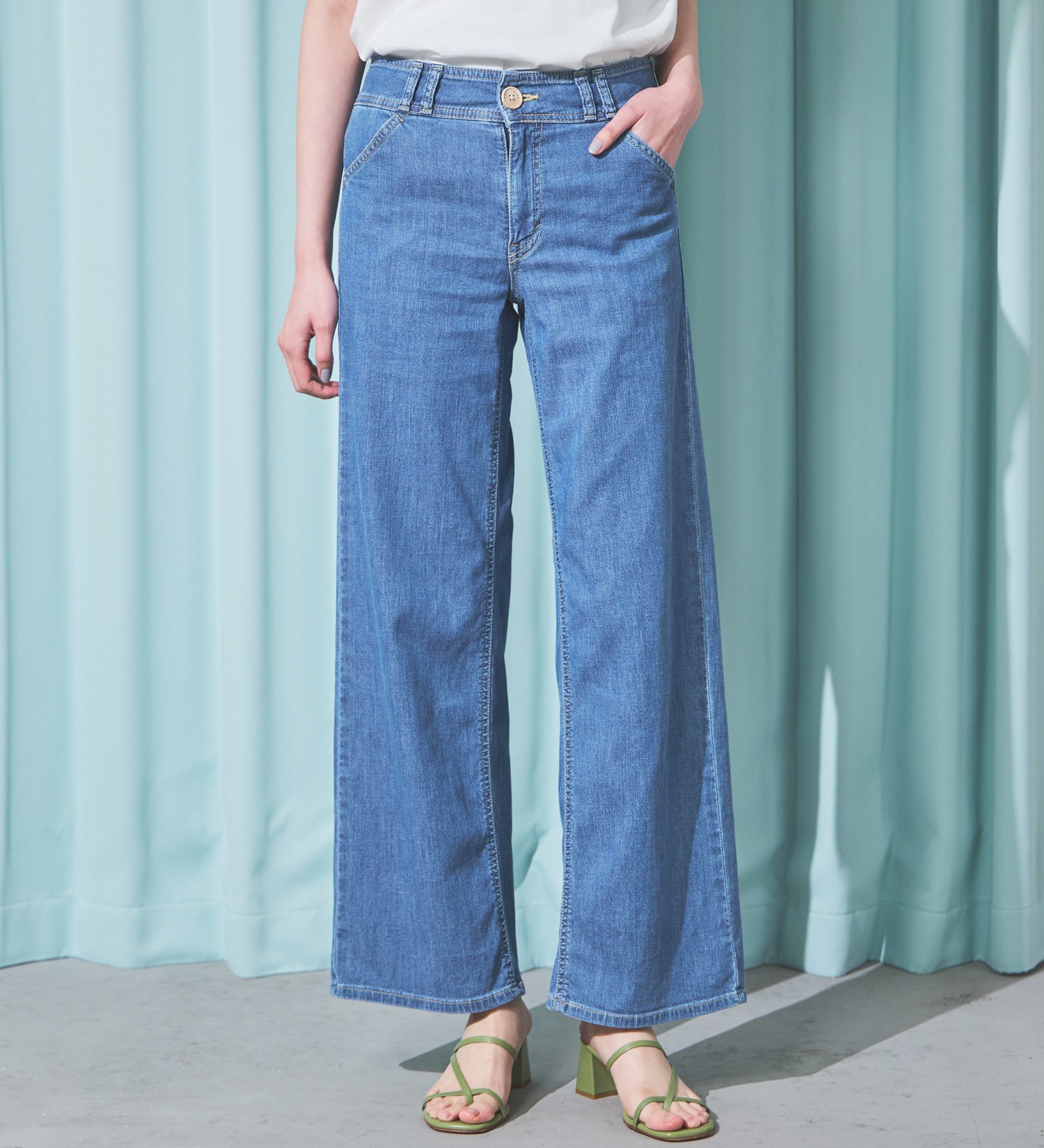 SOMETHING(サムシング)の【予約P】SOMETHING SUMMER セミワイドデニムパンツ【夏用/COOL/涼/抗菌/防臭/制菌】|パンツ/パンツ/レディース|淡色ブルー