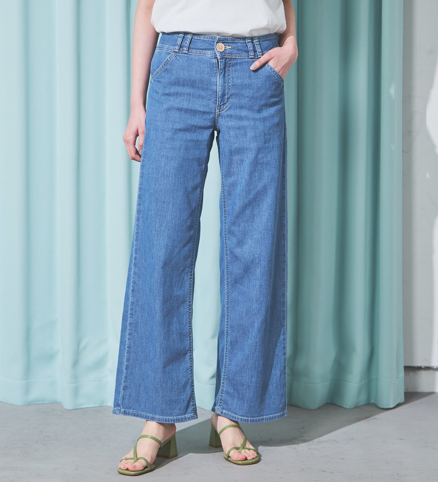 SOMETHING(サムシング)の【予約P】SOMETHING SUMMER セミワイドデニムパンツ【夏用/COOL/涼/抗菌/防臭/制菌】|パンツ/パンツ/レディース|淡色ブルー