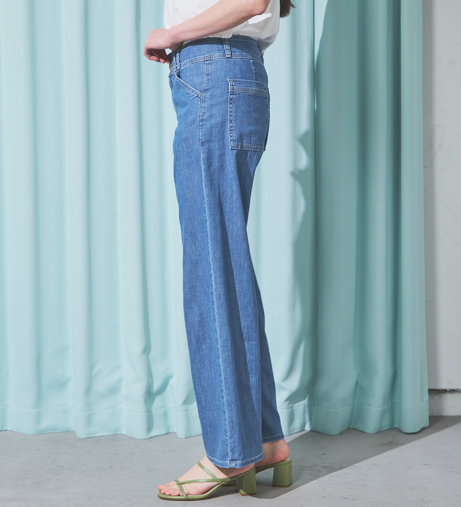 SOMETHING(サムシング)の【予約P】SOMETHING SUMMER セミワイドデニムパンツ【夏用/COOL/涼/抗菌/防臭/制菌】|パンツ/パンツ/レディース|淡色ブルー