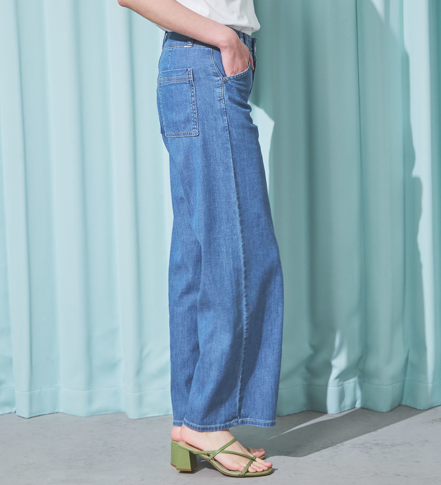 SOMETHING(サムシング)の【予約P】SOMETHING SUMMER セミワイドデニムパンツ【夏用/COOL/涼/抗菌/防臭/制菌】|パンツ/パンツ/レディース|淡色ブルー