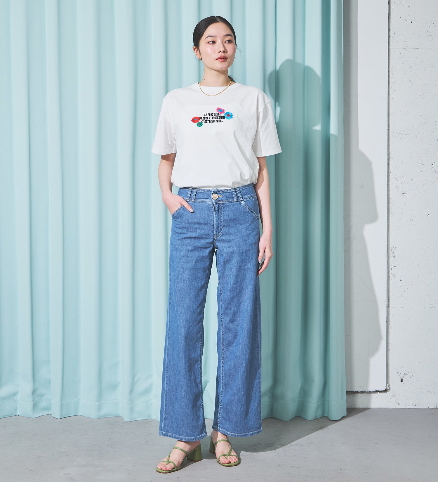 SOMETHING(サムシング)の【予約P】SOMETHING SUMMER セミワイドデニムパンツ【夏用/COOL/涼/抗菌/防臭/制菌】|パンツ/パンツ/レディース|淡色ブルー