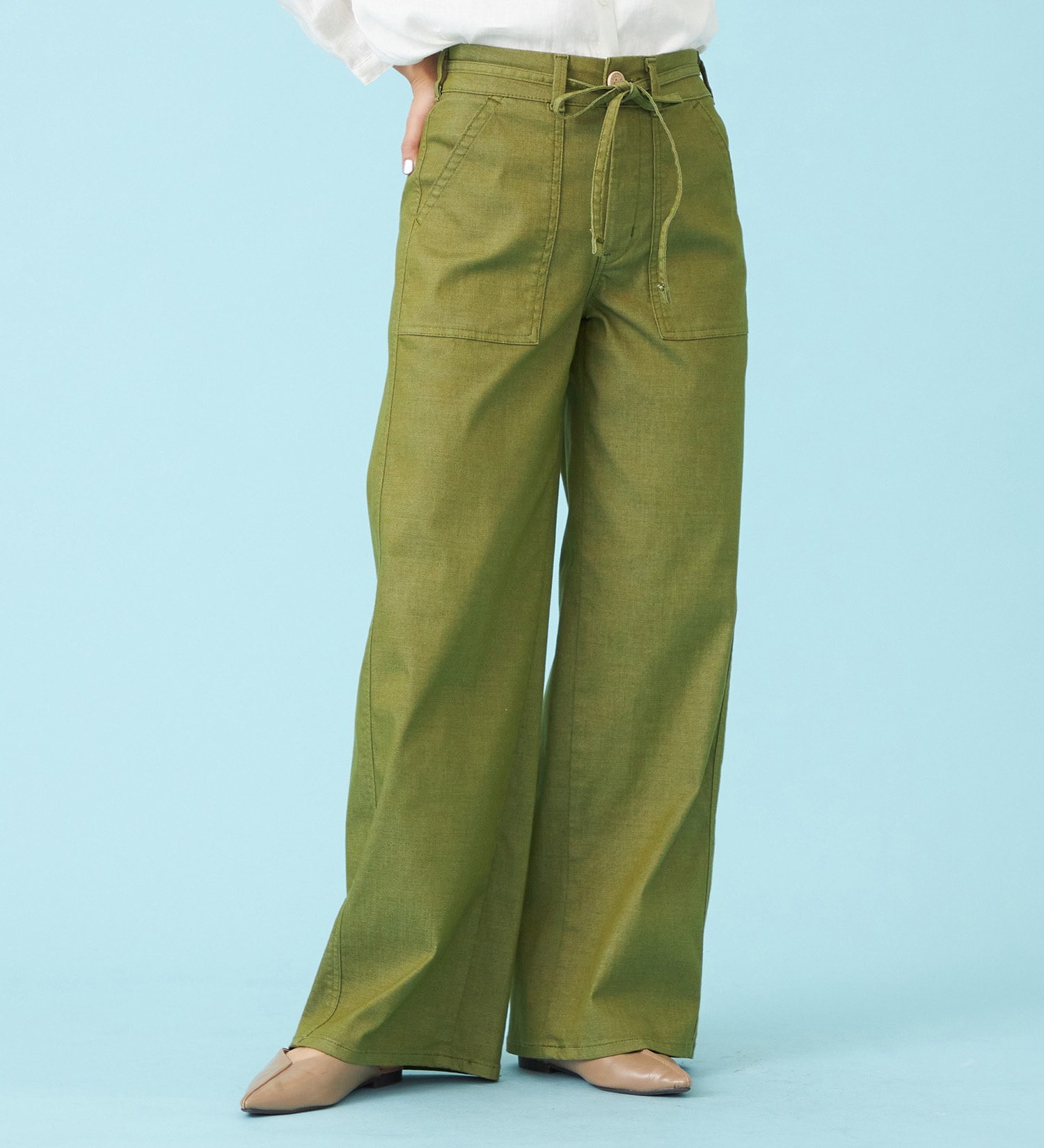 SOMETHING(サムシング)の【予約P】SOMETHING SUMMER ベイカーワイドデニムパンツ【夏用/COOL/涼/抗菌/防臭/制菌】|パンツ/パンツ/レディース|グリーン