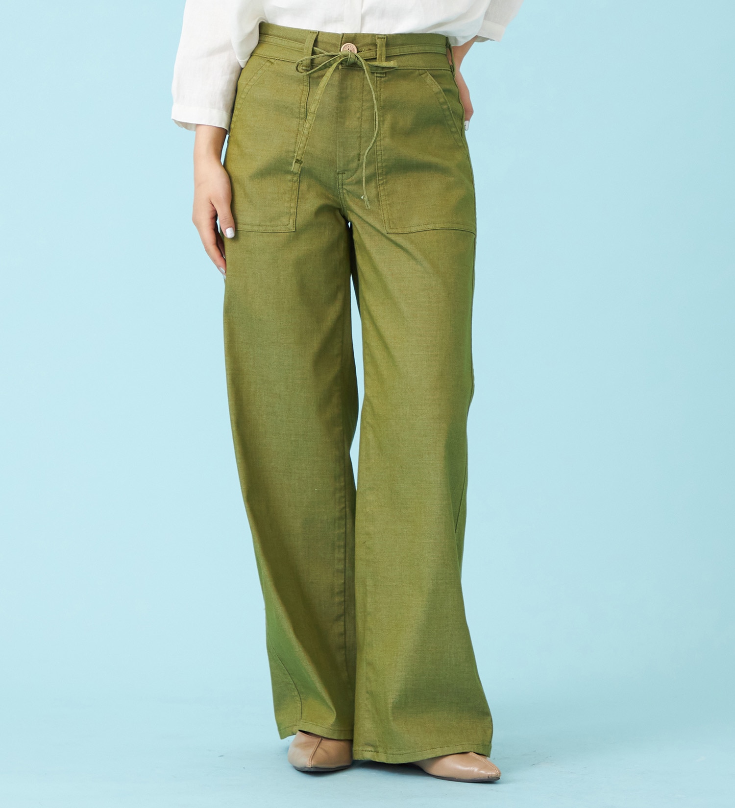 SOMETHING(サムシング)の【予約P】SOMETHING SUMMER ベイカーワイドデニムパンツ【夏用/COOL/涼/抗菌/防臭/制菌】|パンツ/パンツ/レディース|グリーン