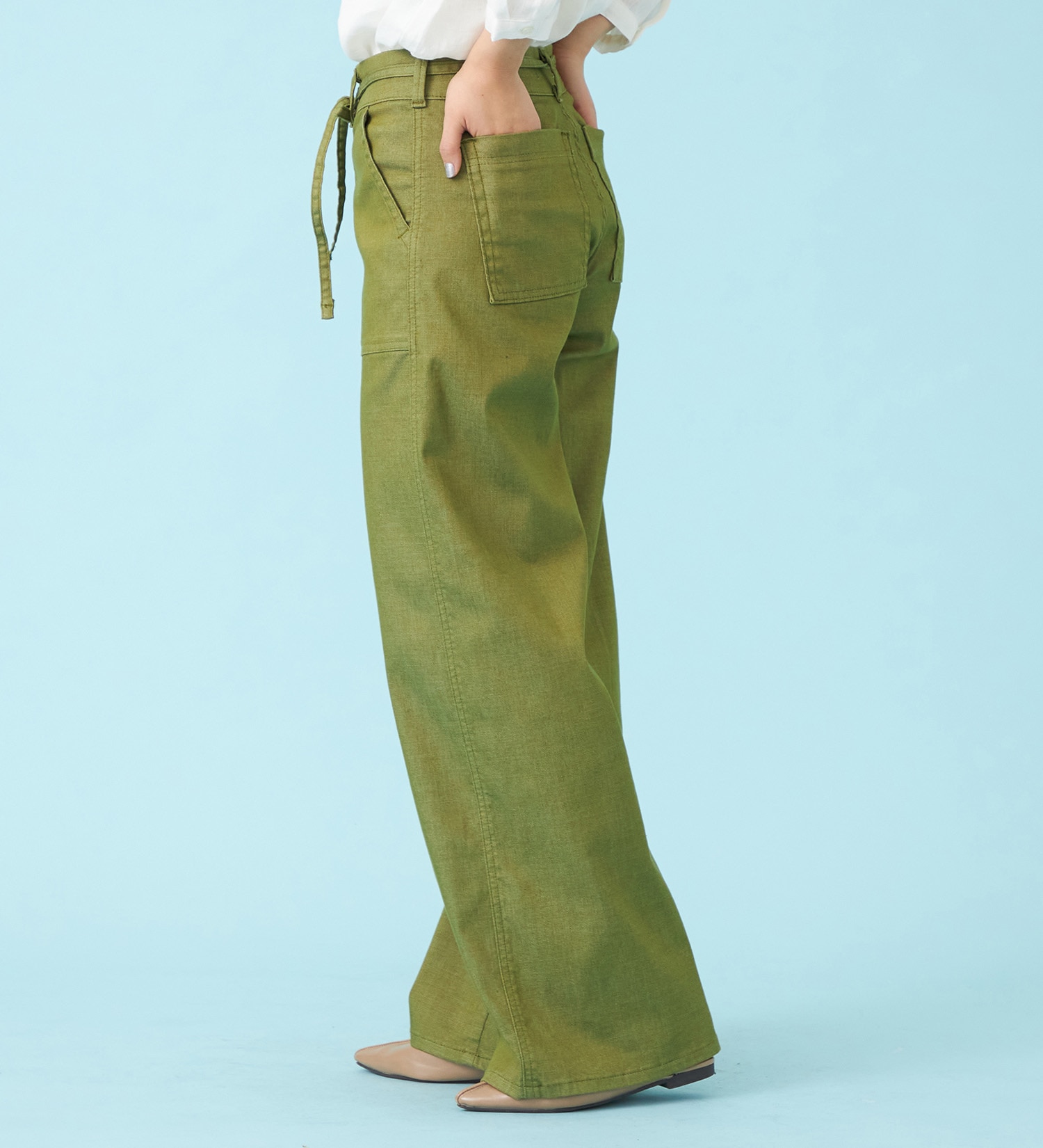 SOMETHING(サムシング)の【予約P】SOMETHING SUMMER ベイカーワイドデニムパンツ【夏用/COOL/涼/抗菌/防臭/制菌】|パンツ/パンツ/レディース|グリーン