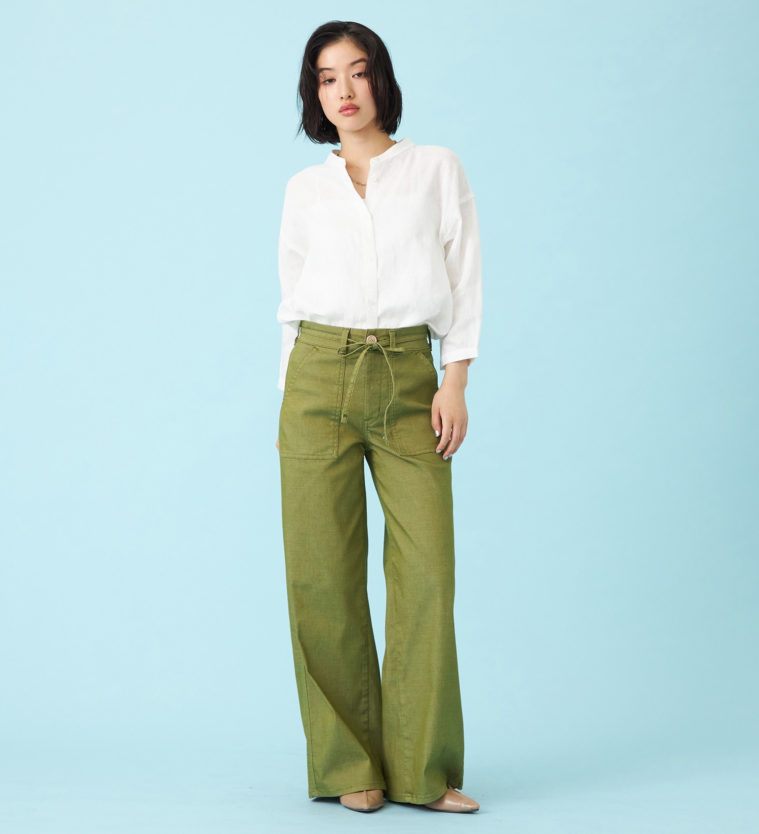 SOMETHING(サムシング)の【予約P】SOMETHING SUMMER ベイカーワイドデニムパンツ【夏用/COOL/涼/抗菌/防臭/制菌】|パンツ/パンツ/レディース|グリーン