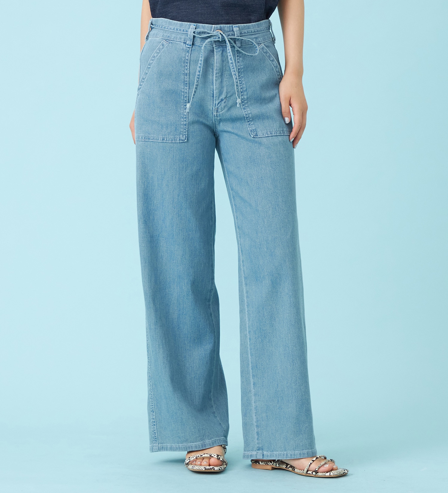 SOMETHING(サムシング)の【予約P】SOMETHING SUMMER ベイカーワイドデニムパンツ【夏用/COOL/涼/抗菌/防臭/制菌】|パンツ/パンツ/レディース|淡色ブルー