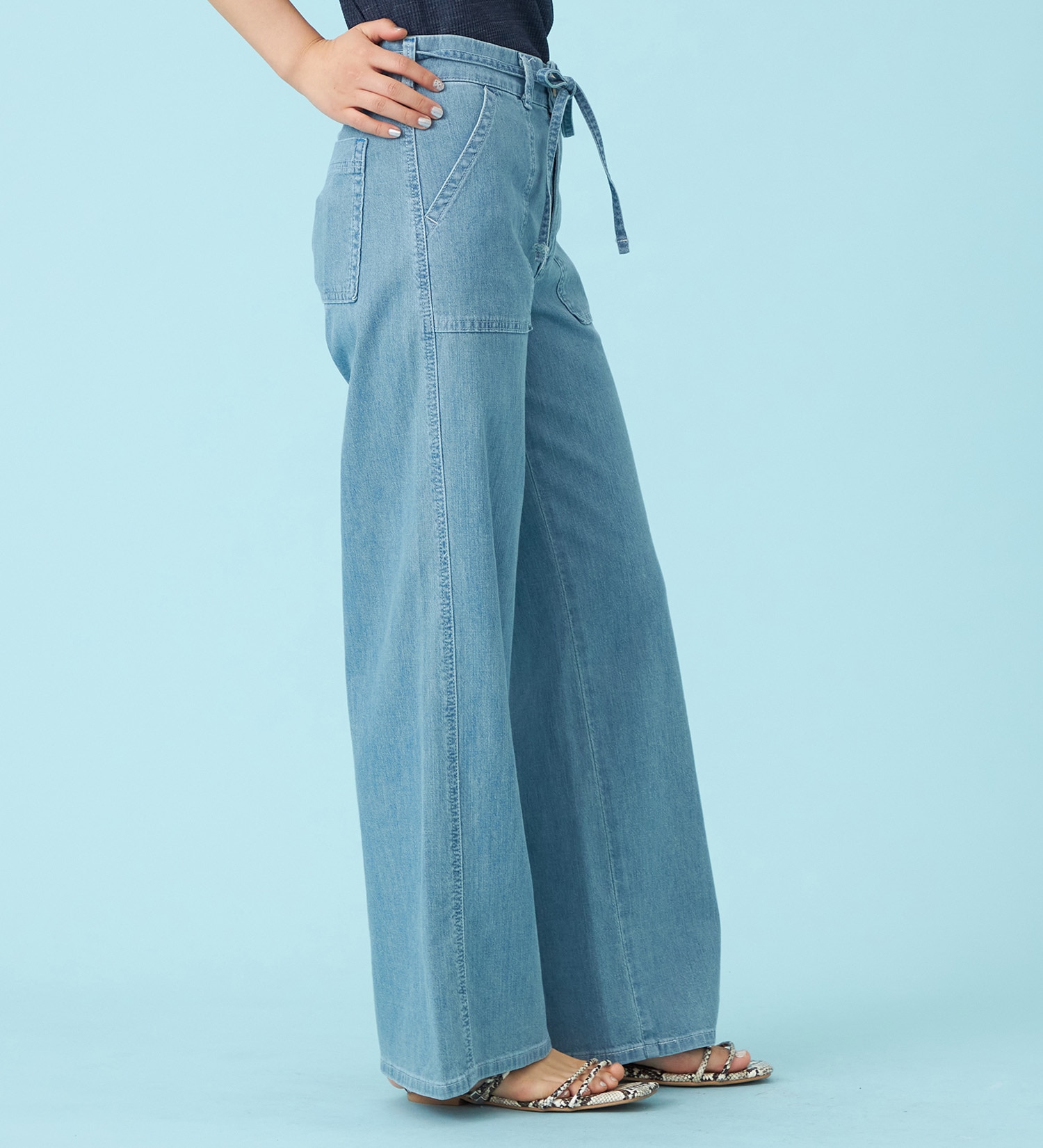 SOMETHING(サムシング)の【予約P】SOMETHING SUMMER ベイカーワイドデニムパンツ【夏用/COOL/涼/抗菌/防臭/制菌】|パンツ/パンツ/レディース|淡色ブルー