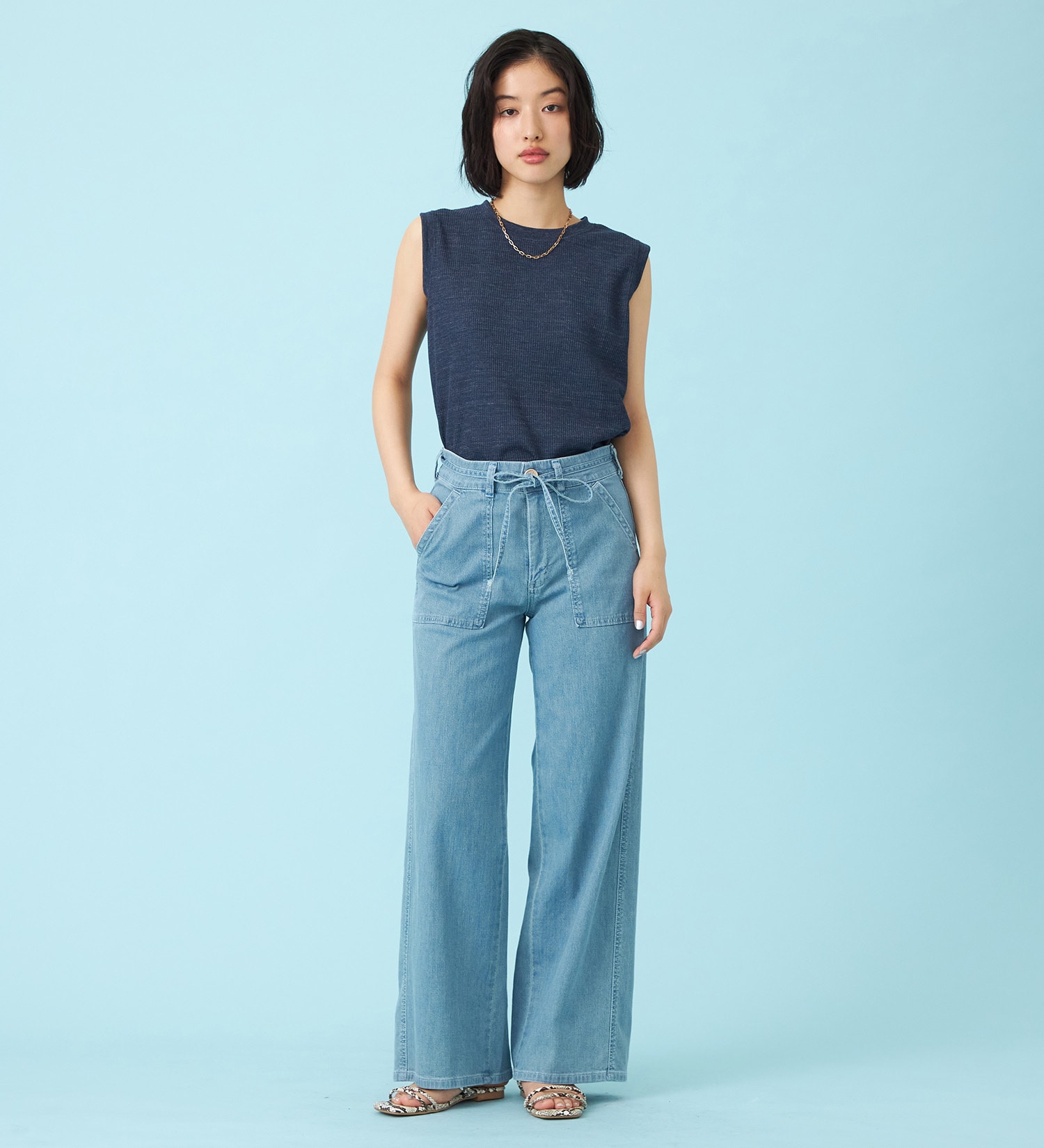 SOMETHING(サムシング)の【予約P】SOMETHING SUMMER ベイカーワイドデニムパンツ【夏用/COOL/涼/抗菌/防臭/制菌】|パンツ/パンツ/レディース|淡色ブルー