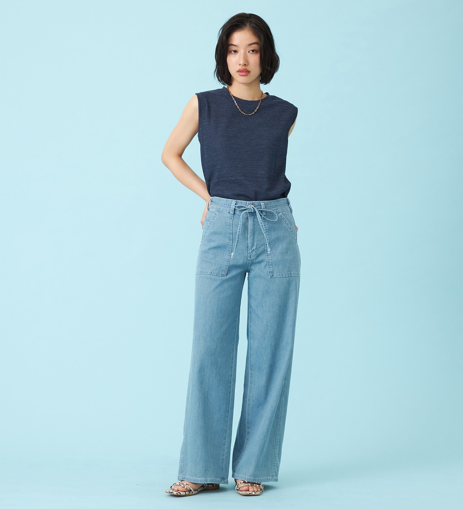 SOMETHING(サムシング)の【予約P】SOMETHING SUMMER ベイカーワイドデニムパンツ【夏用/COOL/涼/抗菌/防臭/制菌】|パンツ/パンツ/レディース|淡色ブルー