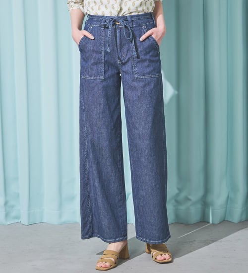 SOMETHING(サムシング)の【予約P】SOMETHING SUMMER ベイカーワイドデニムパンツ【夏用/COOL/涼/抗菌/防臭/制菌】|パンツ/パンツ/レディース|濃色ブルー