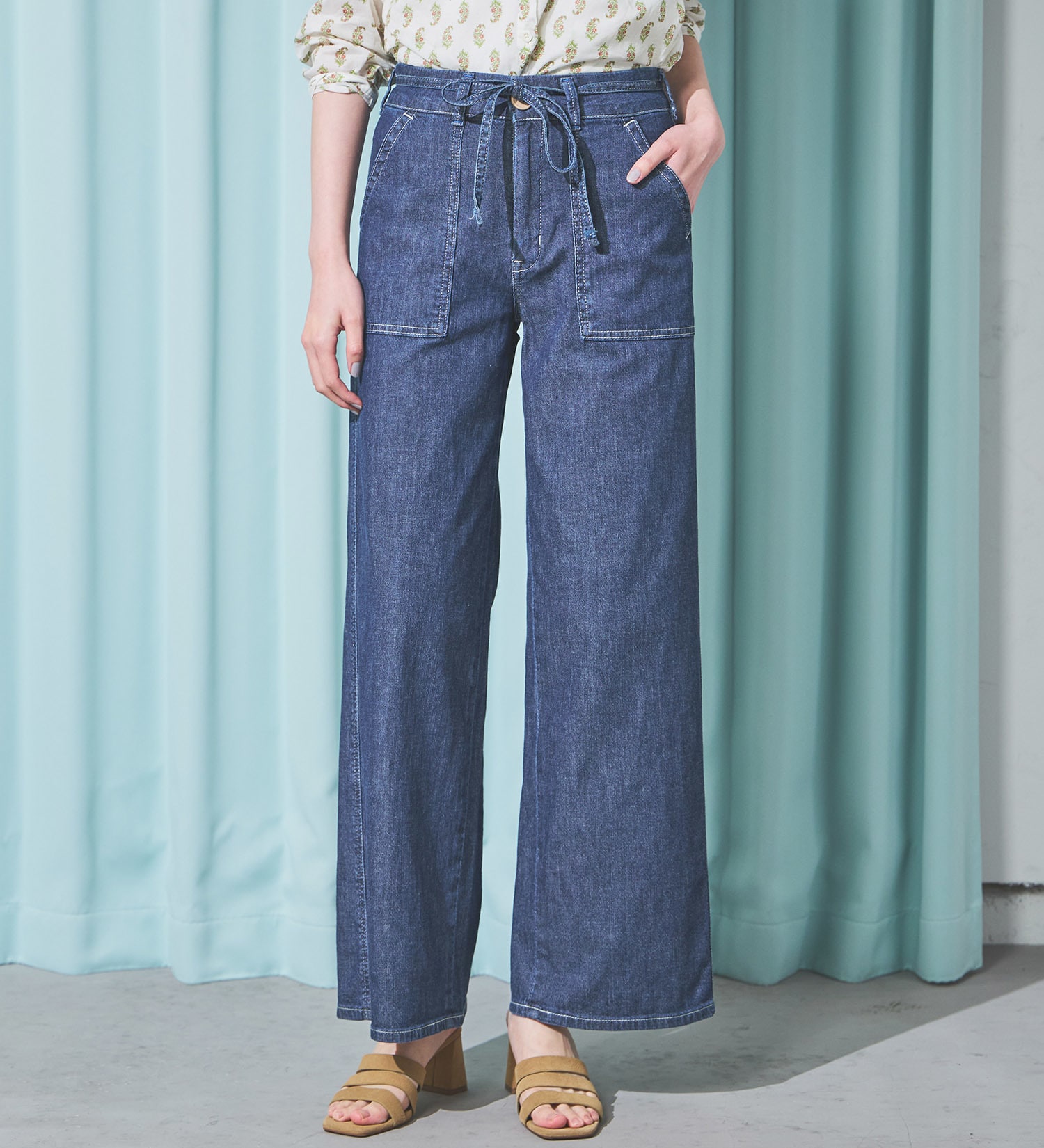 SOMETHING(サムシング)の【予約P】SOMETHING SUMMER ベイカーワイドデニムパンツ【夏用/COOL/涼/抗菌/防臭/制菌】|パンツ/パンツ/レディース|濃色ブルー