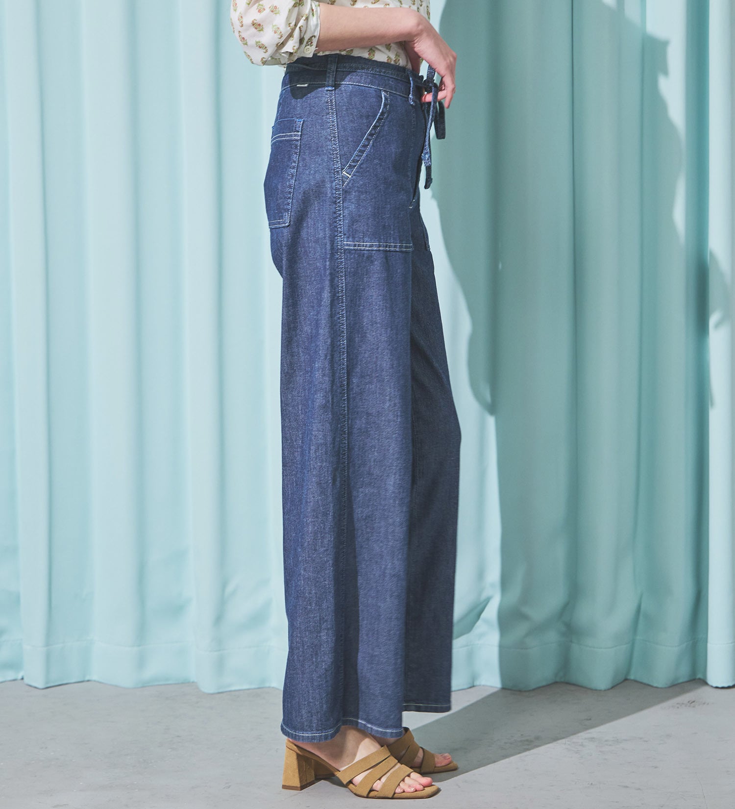 SOMETHING(サムシング)の【予約P】SOMETHING SUMMER ベイカーワイドデニムパンツ【夏用/COOL/涼/抗菌/防臭/制菌】|パンツ/パンツ/レディース|濃色ブルー