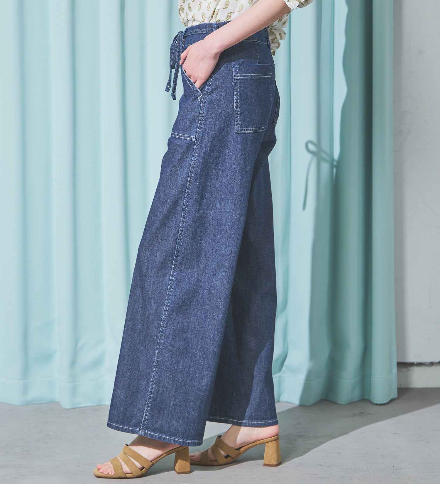 SOMETHING(サムシング)の【予約P】SOMETHING SUMMER ベイカーワイドデニムパンツ【夏用/COOL/涼/抗菌/防臭/制菌】|パンツ/パンツ/レディース|濃色ブルー