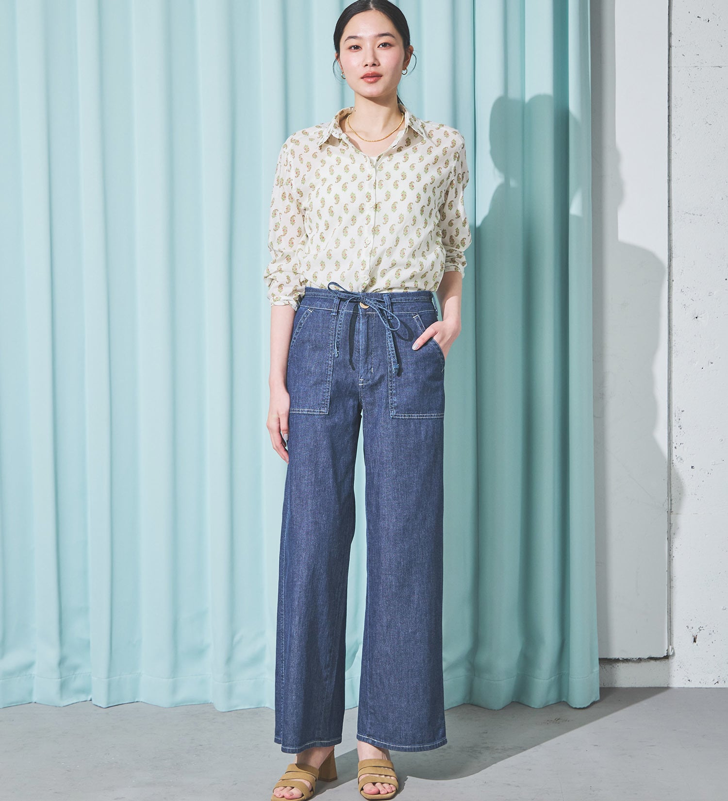 SOMETHING(サムシング)の【予約P】SOMETHING SUMMER ベイカーワイドデニムパンツ【夏用/COOL/涼/抗菌/防臭/制菌】|パンツ/パンツ/レディース|濃色ブルー