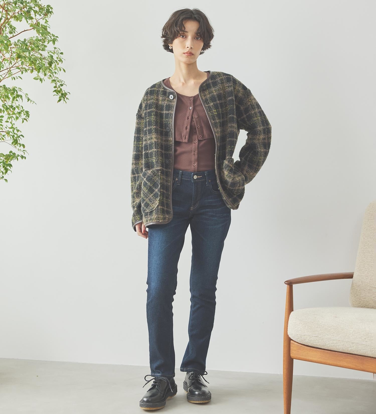 SOMETHING(サムシング)のSOMETHING ノーカラーチェックコート|ジャケット/アウター/コート/レディース|ブラウン