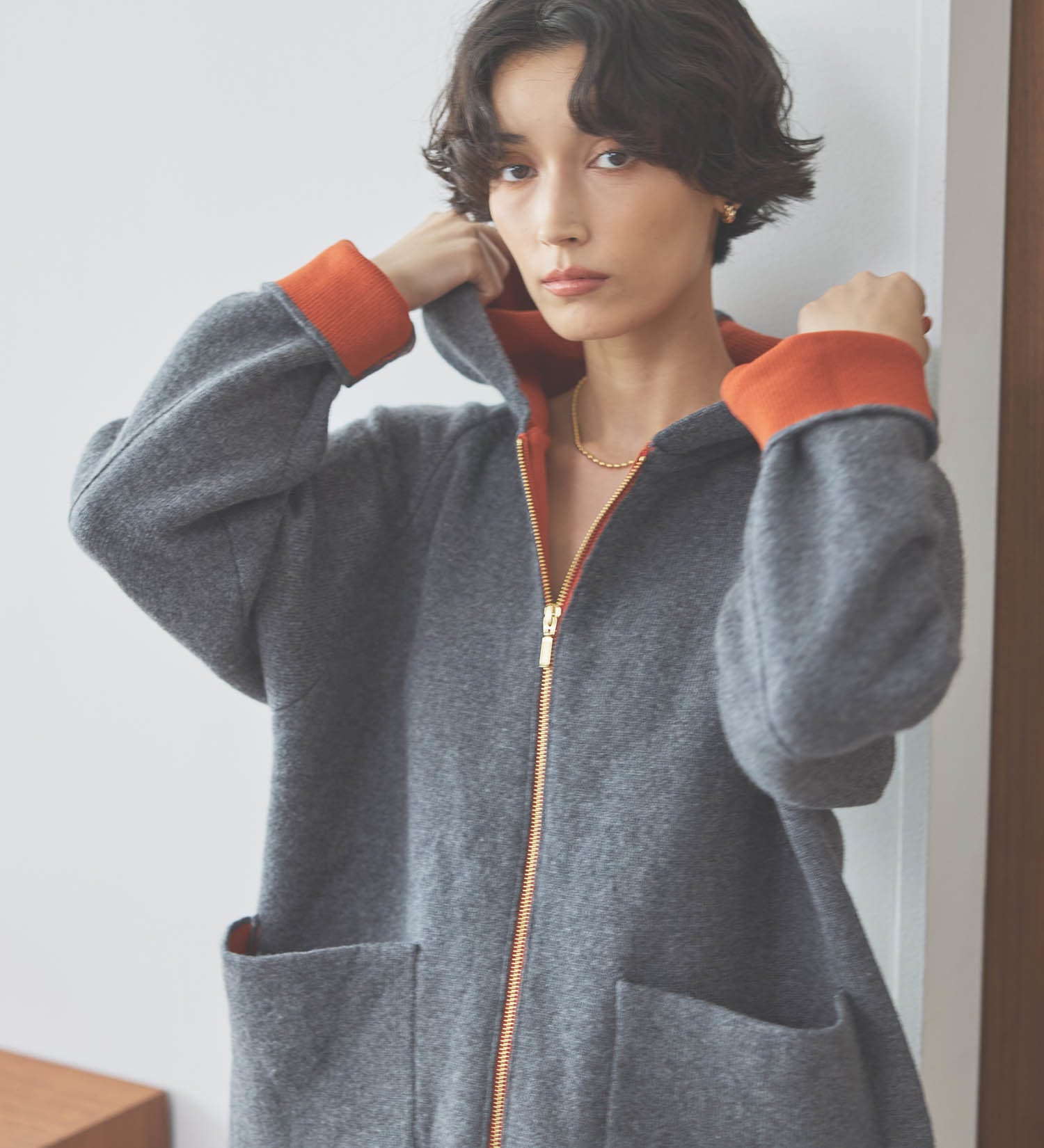 SOMETHING(サムシング)のSOMETHING ニットフーデッドコート|ジャケット/アウター/コート/レディース|ダークグレー