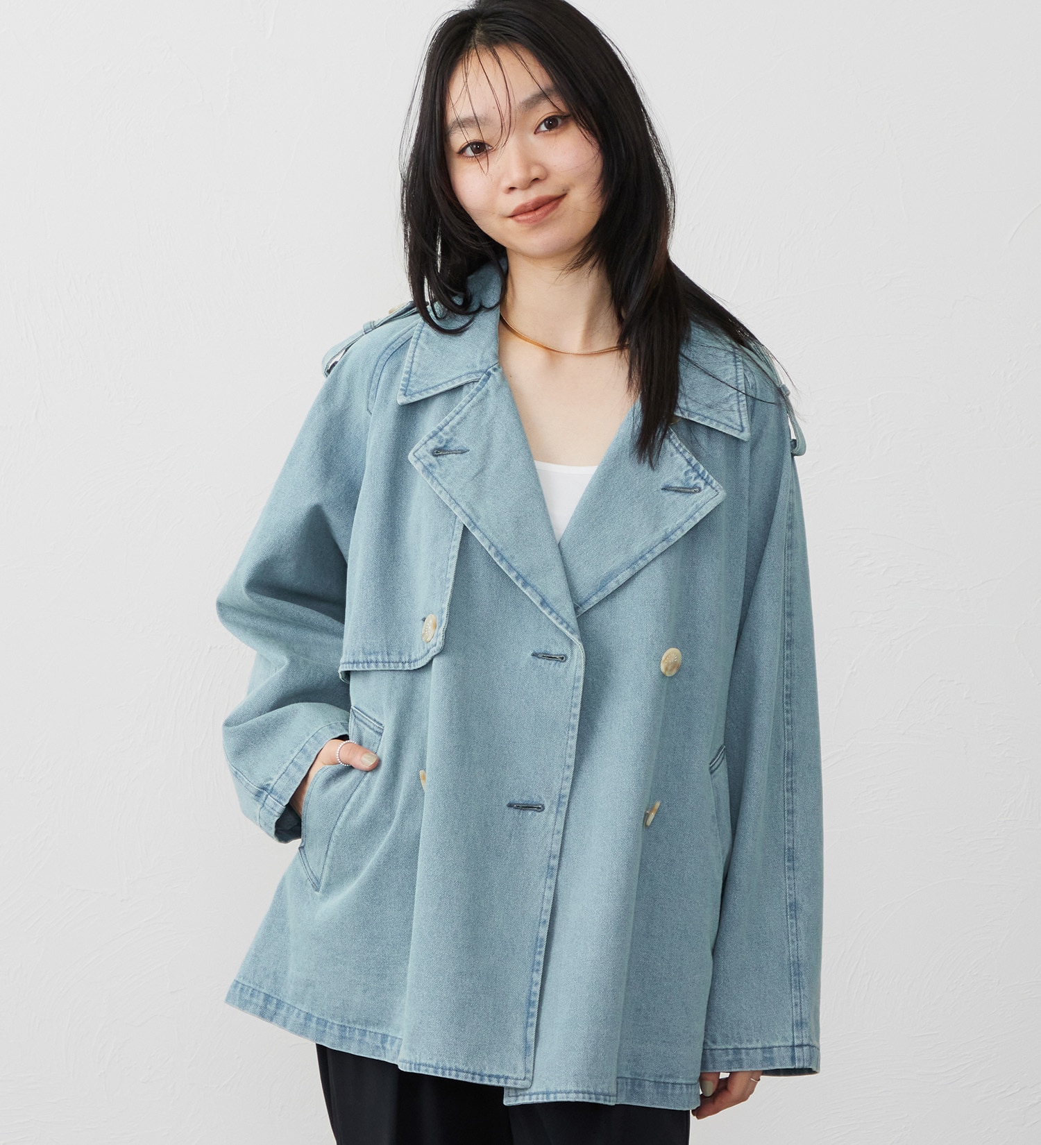 SOMETHING(サムシング)のSOMETHING　デニムハーフトレンチコート|ジャケット/アウター/コート/レディース|ライトブルー