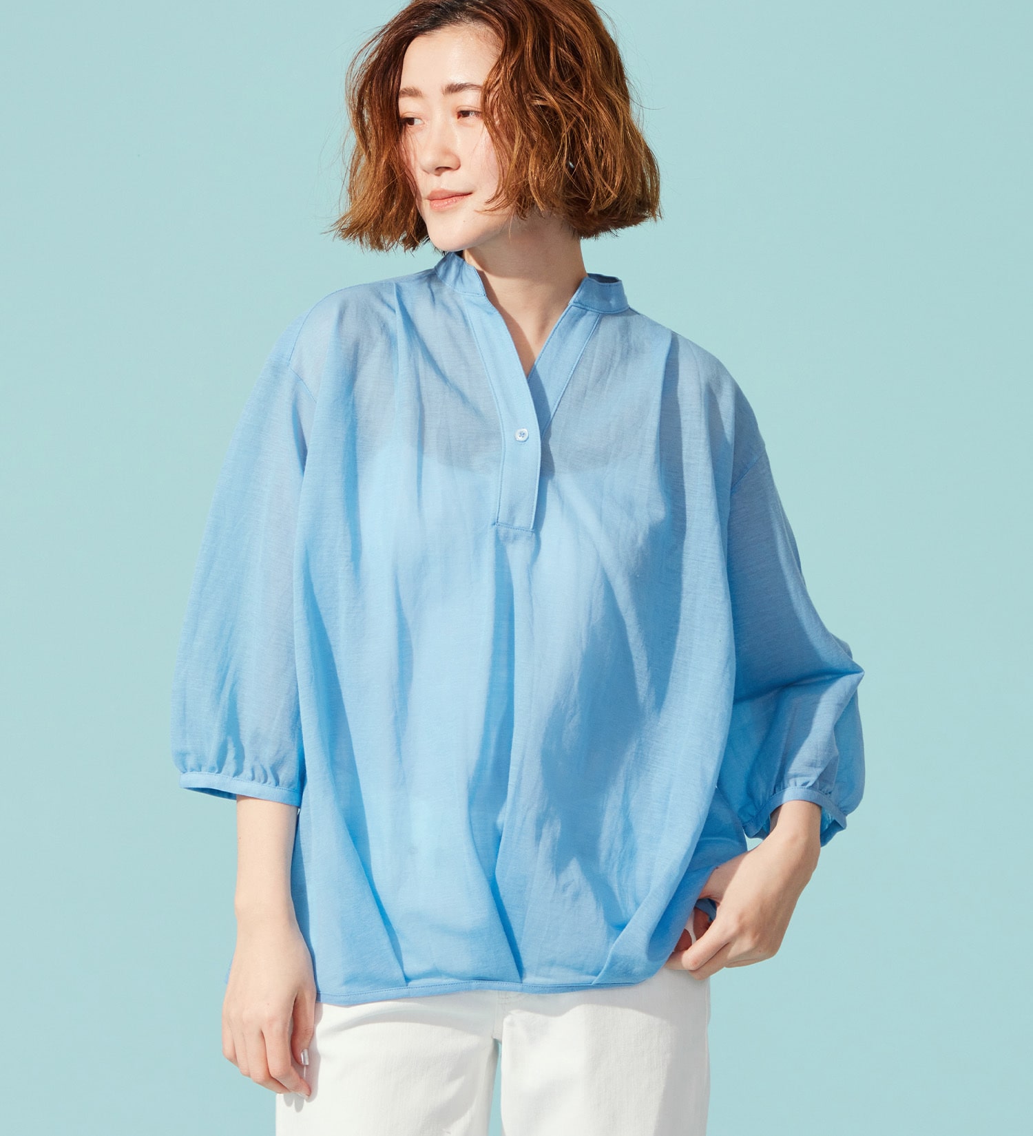 SOMETHING(サムシング)のSOMETHING ビショップスリーブカットソー【ミドルスリーブ】|トップス/Tシャツ/カットソー/レディース|ブルー