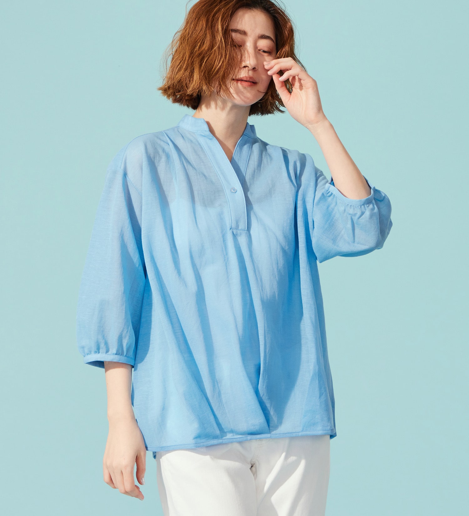 SOMETHING(サムシング)のSOMETHING ビショップスリーブカットソー【ミドルスリーブ】|トップス/Tシャツ/カットソー/レディース|ブルー