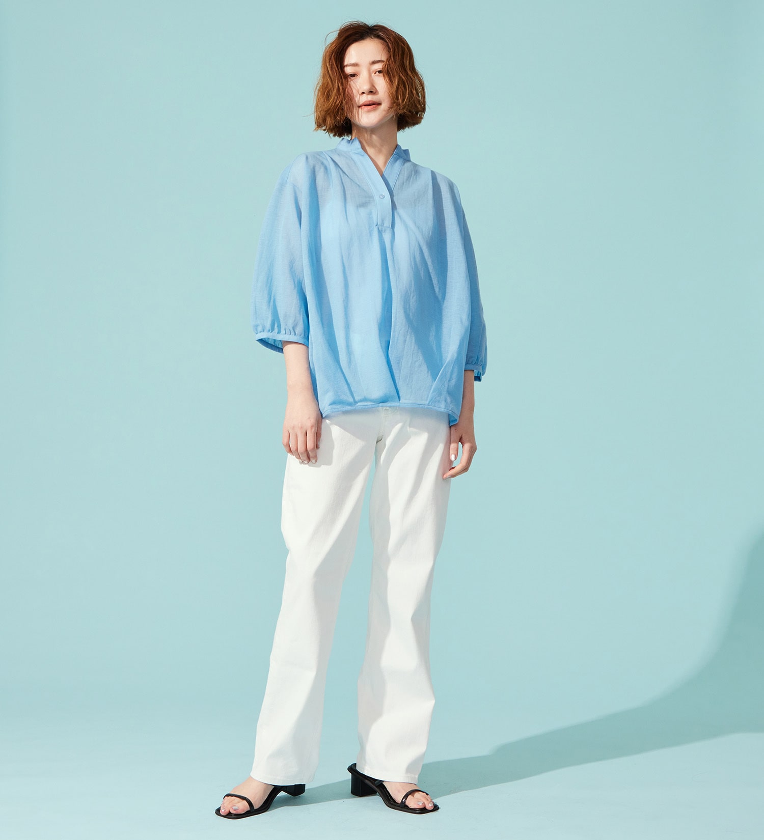 SOMETHING(サムシング)のSOMETHING ビショップスリーブカットソー【ミドルスリーブ】|トップス/Tシャツ/カットソー/レディース|ブルー