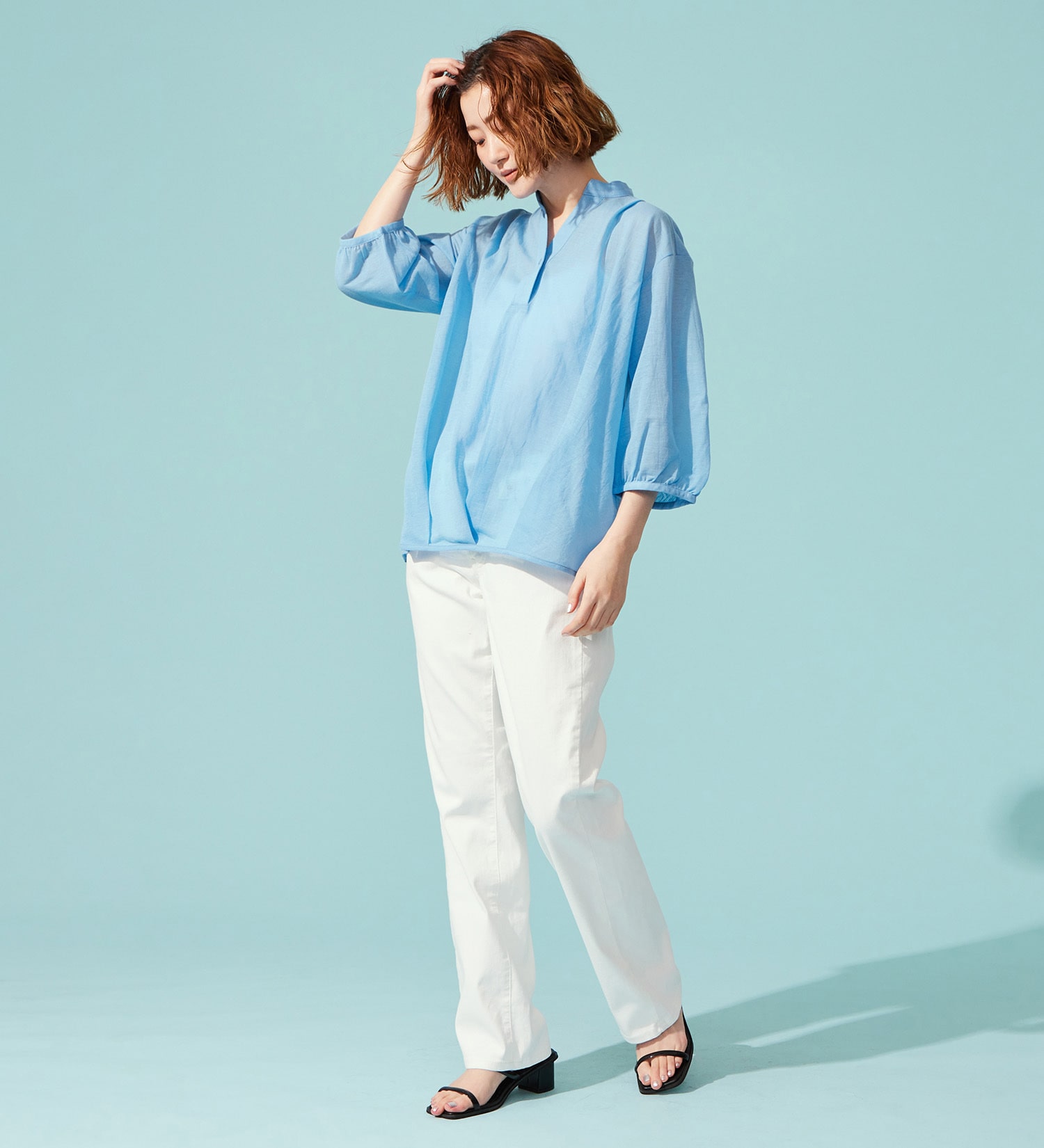 SOMETHING(サムシング)のSOMETHING ビショップスリーブカットソー【ミドルスリーブ】|トップス/Tシャツ/カットソー/レディース|ブルー