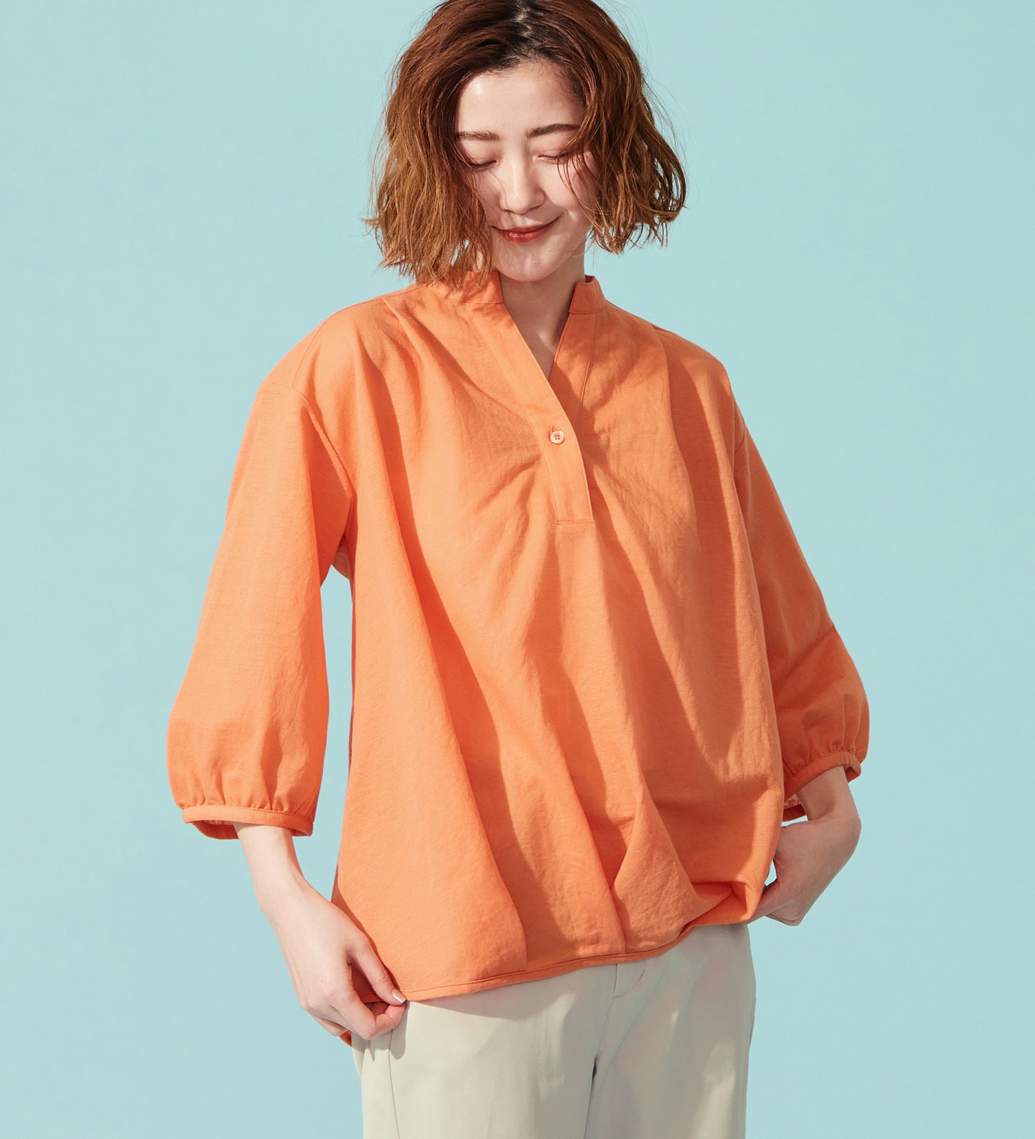 SOMETHING(サムシング)のSOMETHING ビショップスリーブカットソー【ミドルスリーブ】|トップス/Tシャツ/カットソー/レディース|オレンジ