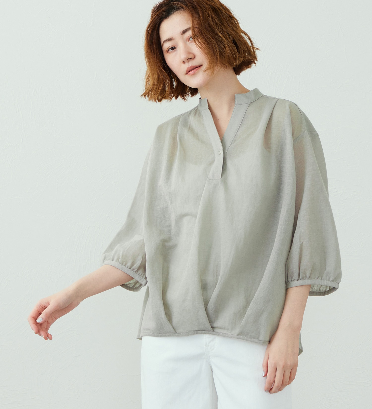 SOMETHING(サムシング)のSOMETHING ビショップスリーブカットソー【ミドルスリーブ】|トップス/Tシャツ/カットソー/レディース|ライトグレー