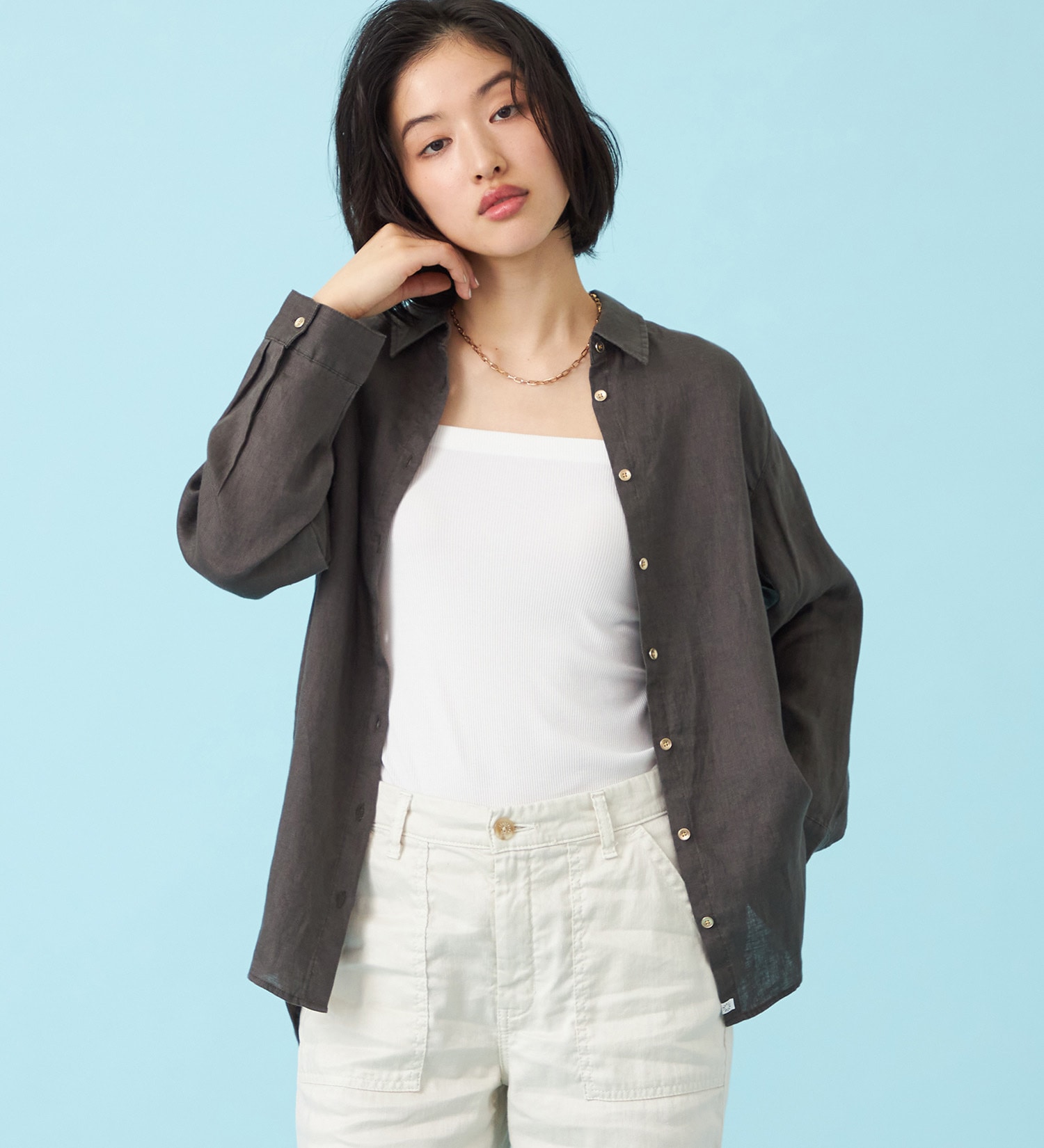 SOMETHING(サムシング)のSOMETHING　ロングスリーブリネンシャツ|トップス/シャツ/ブラウス/レディース|チャコールグレー