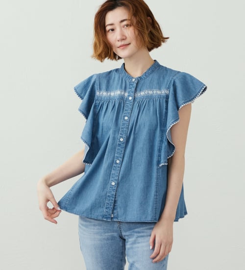 SOMETHING(サムシング)のSOMETHING フリルノースリーブシャツ|トップス/シャツ/ブラウス/レディース|淡色ブルー