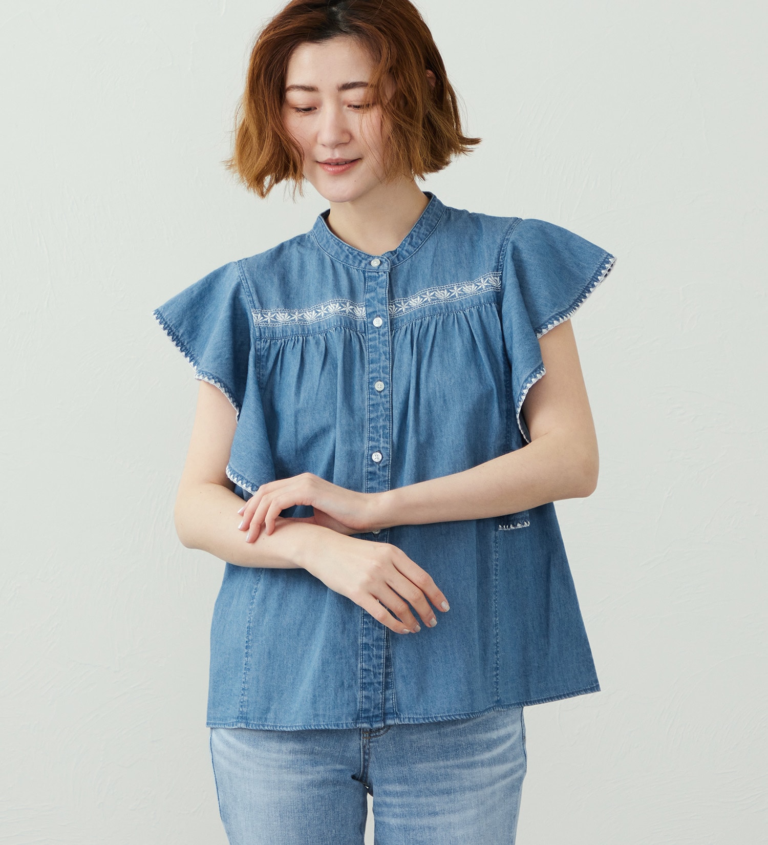 SOMETHING(サムシング)のSOMETHING フリルノースリーブシャツ|トップス/シャツ/ブラウス/レディース|淡色ブルー