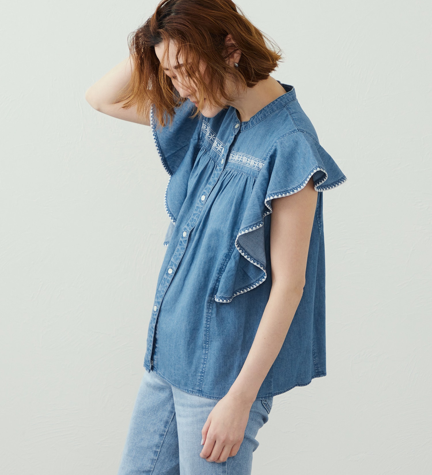 SOMETHING(サムシング)のSOMETHING フリルノースリーブシャツ|トップス/シャツ/ブラウス/レディース|淡色ブルー