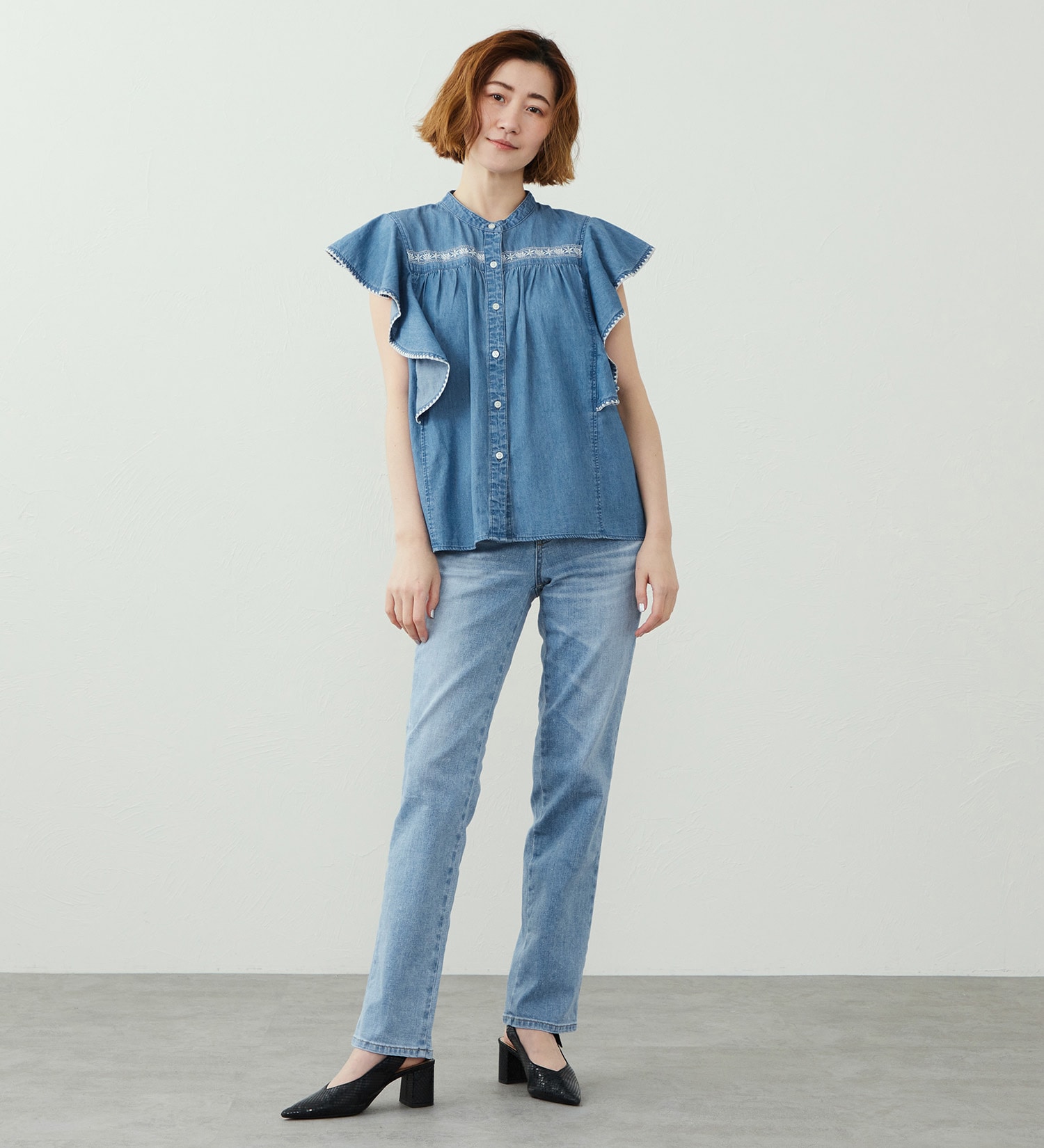 SOMETHING(サムシング)のSOMETHING フリルノースリーブシャツ|トップス/シャツ/ブラウス/レディース|淡色ブルー