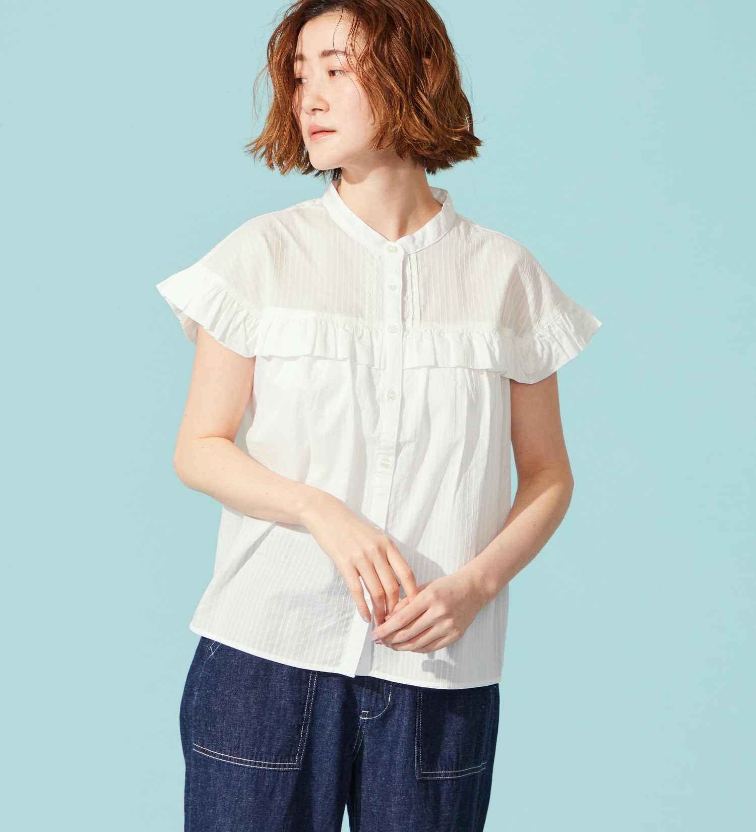 SOMETHING(サムシング)のSOMETHING フリルタックノースリーブシャツ|トップス/シャツ/ブラウス/レディース|ホワイト