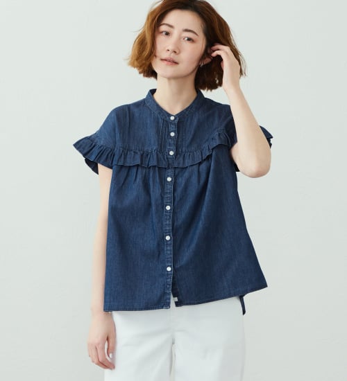SOMETHING(サムシング)のSOMETHING フリルタックノースリーブシャツ|トップス/シャツ/ブラウス/レディース|濃色ブルー